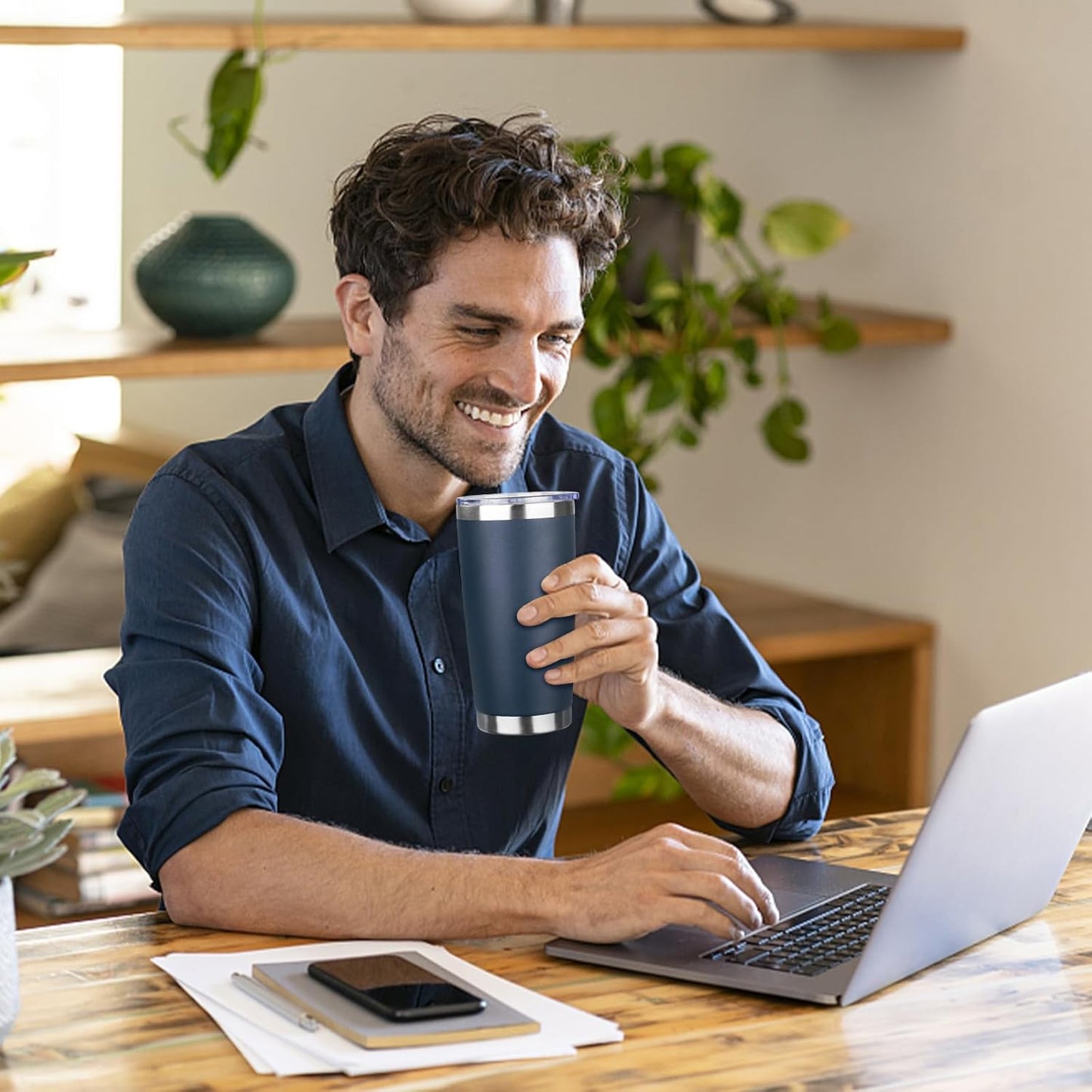 20oz Tumbler Bulk with Lid and Straw, Stainless Steel Double Wall Vacuum Insulated Travel Mug, Powder Coated Coffee Cups for Hot and Cold Drinks,Funny Gifts for Women Men(Navy Blue,6)