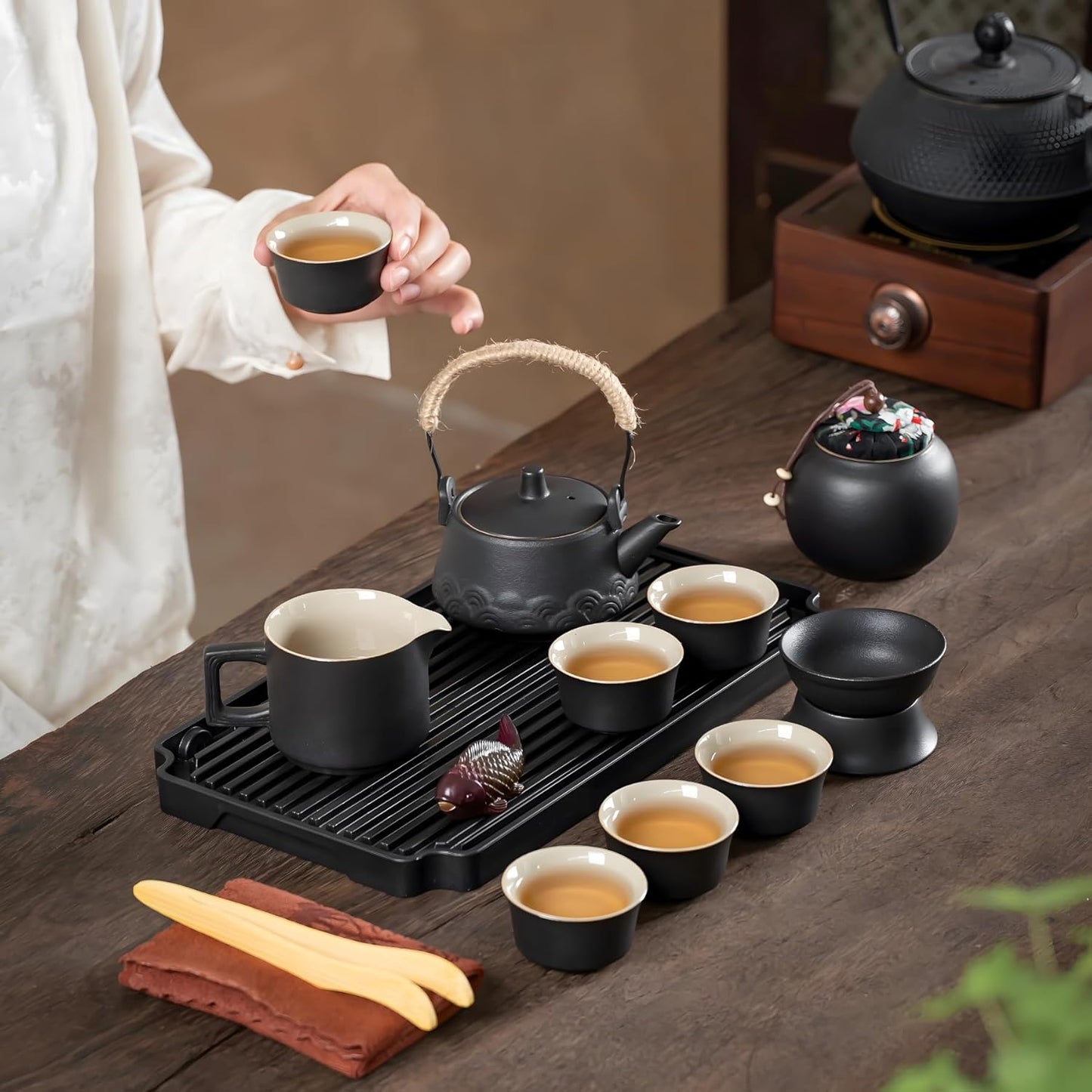 ICHAG Japanese Tea Set, Chinese Tea Sets for Adults, 15-Piece Porcelain Gongfu Tea Set with Tea Pet & Tea Tray, Japanese Teapot Set, Travel Tea Party Set, for Home/Office/Outdoor/Gifts