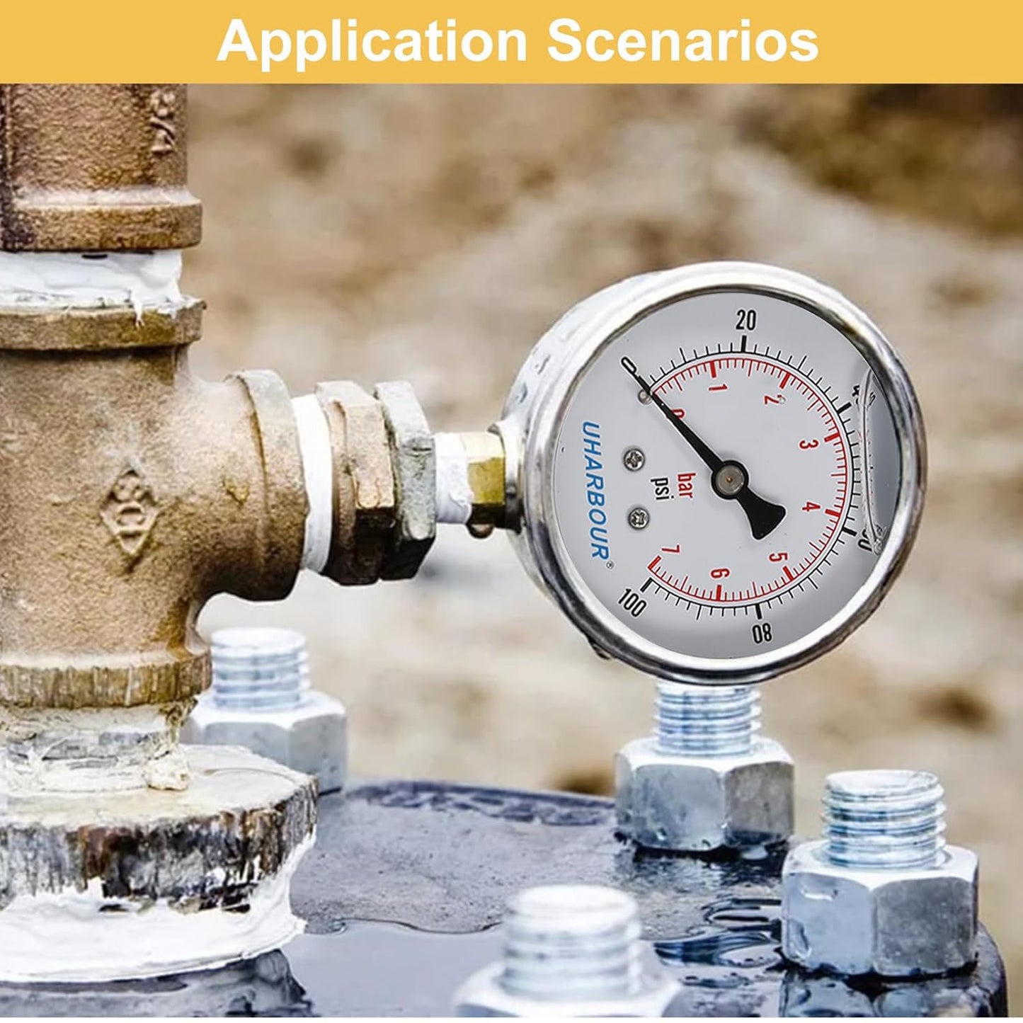 Glycerin Filled Pressure Gauge 1/4 NPT 100psi/7bar, Stainless Steel Case, Brass Inside Construction, 2-1/2" dial, 1/4" NPT Lower Connection with Pre-Wrapped Teflon Tape