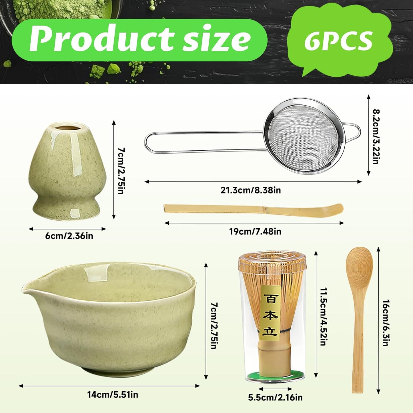 Matcha Set, 6 Pcs Matcha Whisk Set with 20 oz Bowl, Bamboo Whisk for Matcha Tea, Matcha Bowl, Ceramic Matcha whisk Holder, Stainless Sifter and Scoop - Gift for matcha kit Lovers(Green)
