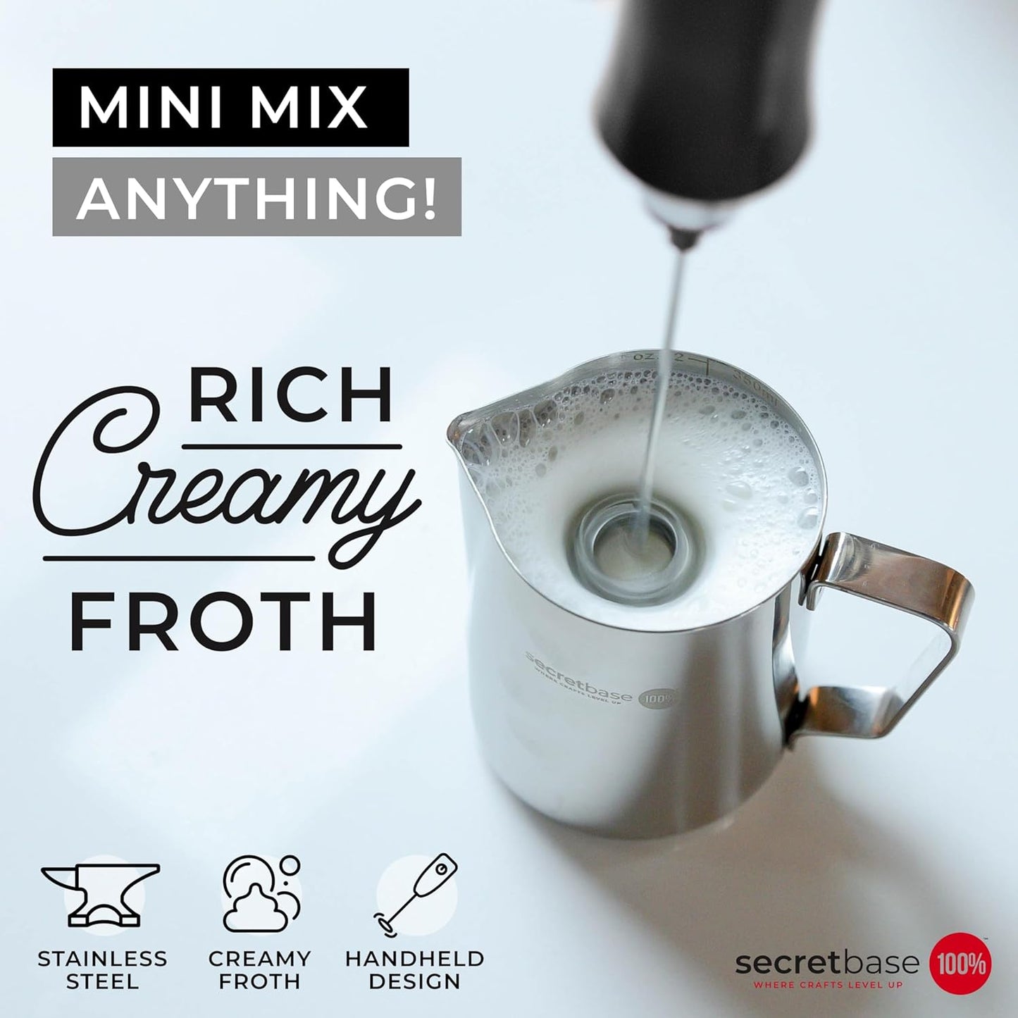 Secretbase 3 Speed Rechargeable Milk Frother Handheld, USB Charging Cradle - Stainless Steel Whisk for Bulletproof Coffee, Espresso Whipper, Mini Electric Stirrer (Black Frother without Pitcher)