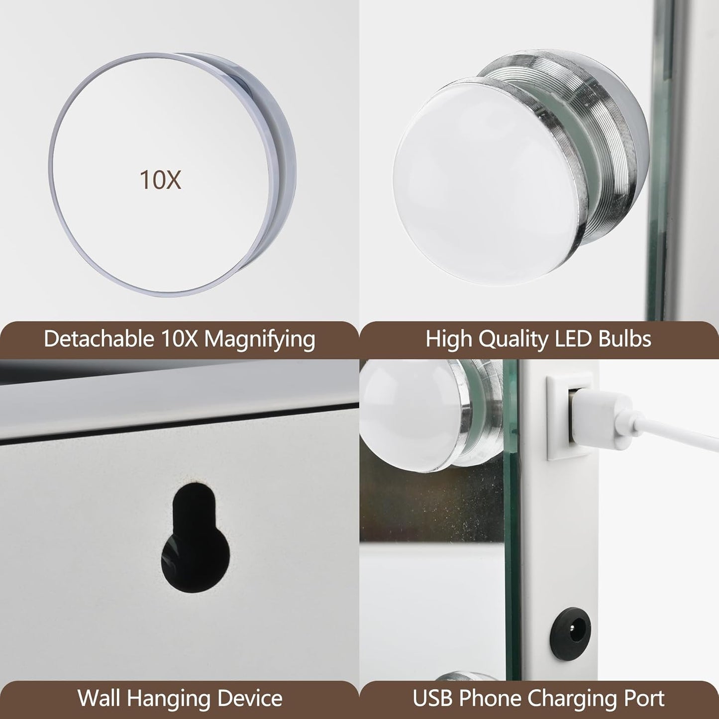 Hollywood Vanity Mirror with Lights, 17 Dimmable LED Bulbs 3 Color Lighted Makeup Mirror with Detachable 10X Magnification Mirror, Tabletop or Wall-Mounted, Touch Control