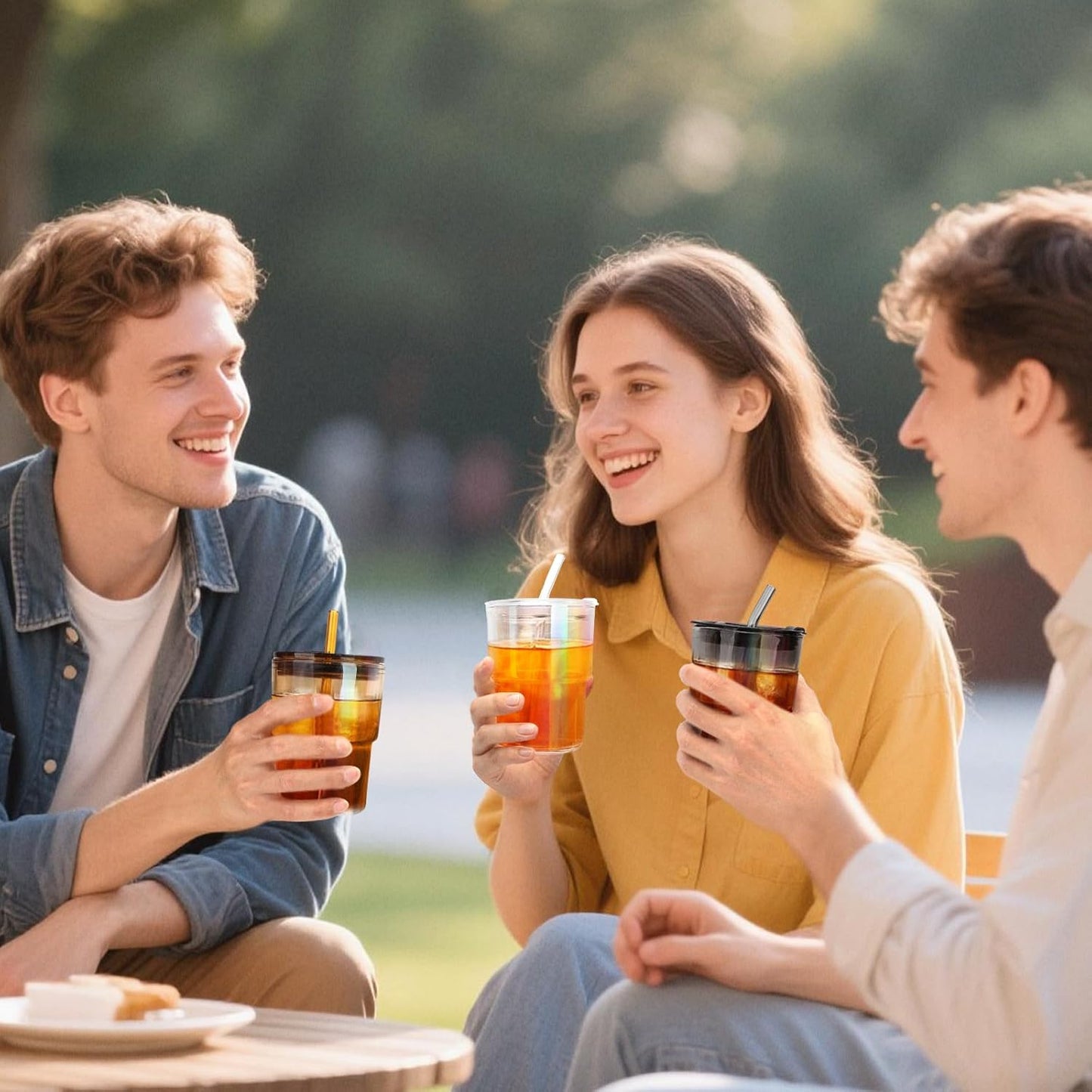 13 oz Glass Tumbler with Glass Straw and Lid, Leak-Proof Reusable Travel Cup for Iced Coffee, Tea, Matcha, Fruit Juice – Thick Wall Clear Water Bottle (Amber, 2 Pack)