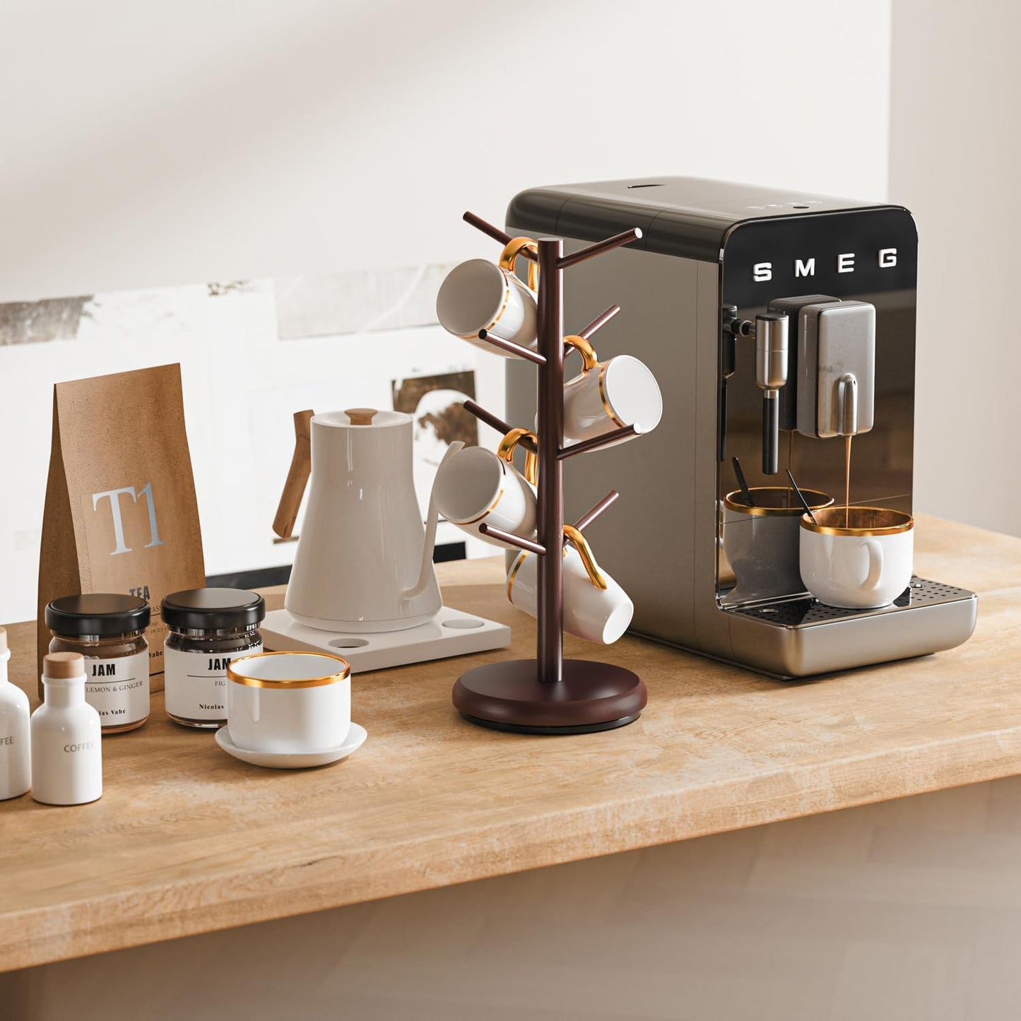 BAMBANG Mug Holder Tree, 360° Rotating 8 Hooks Coffee Cup Holder for Counter, Bamboo Coffee Mug Rack Standing for Kitchen Countertop Home, Espresso