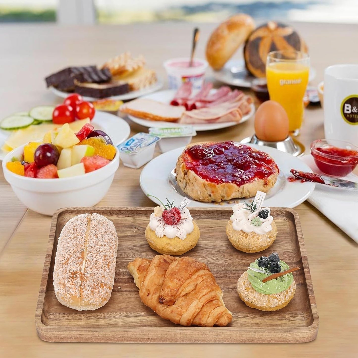 2pcs 15"x10" Large Solid Acacia Wood Serving Trays Rectangular Wooden Serving Platters Natural Wooden Boards for Bar Coffee Party(Wood Log Color)