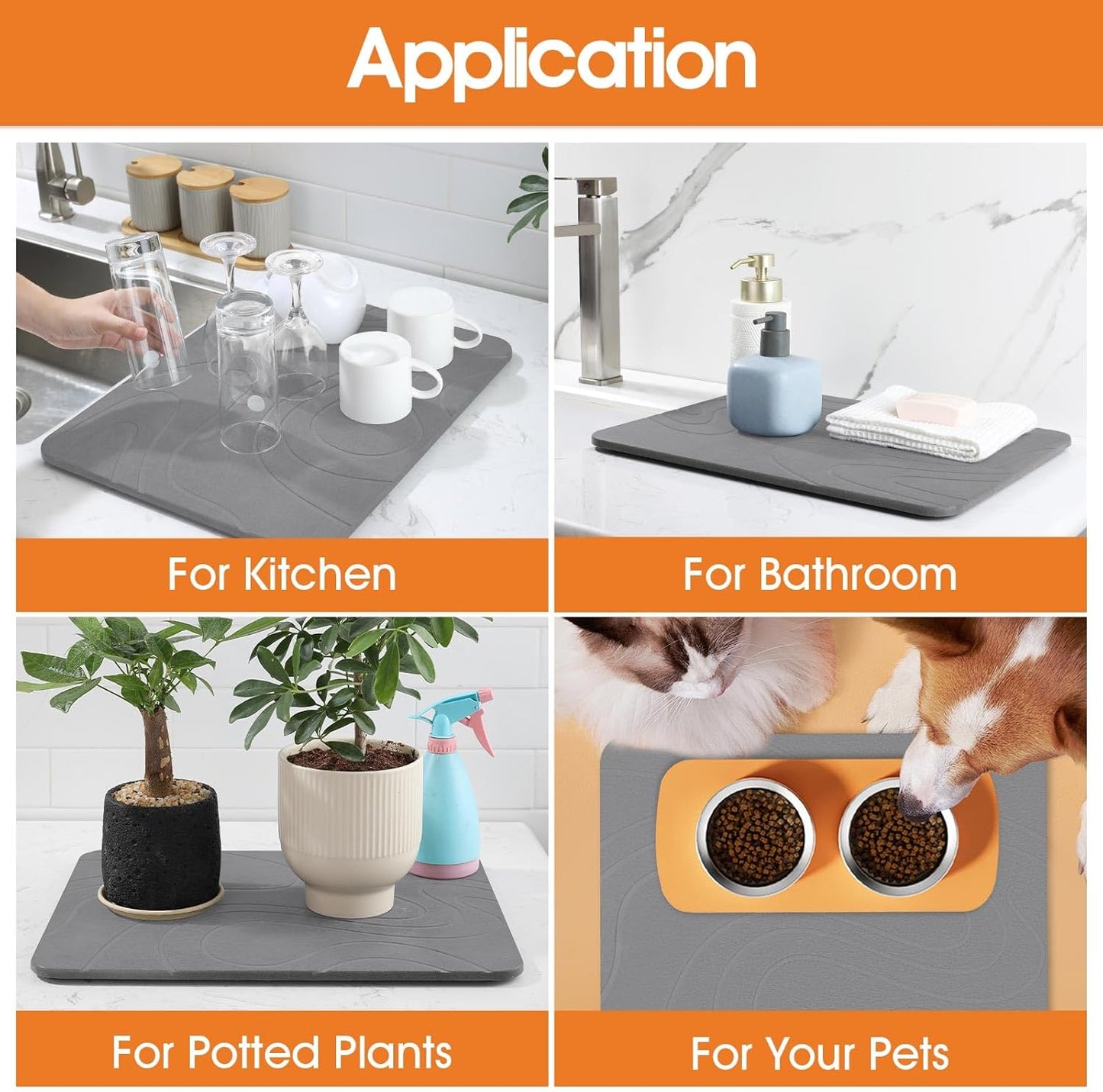 Large Stone Drying Mat for Kitchen Counter - 24"x16" Dirt-Resistant Quick Drying Fast Absorbent Non-Slip Diatomite Mat, Natural Diatomaceous Earth Dish Drying Pad for Dish Rack(Dark Grey)