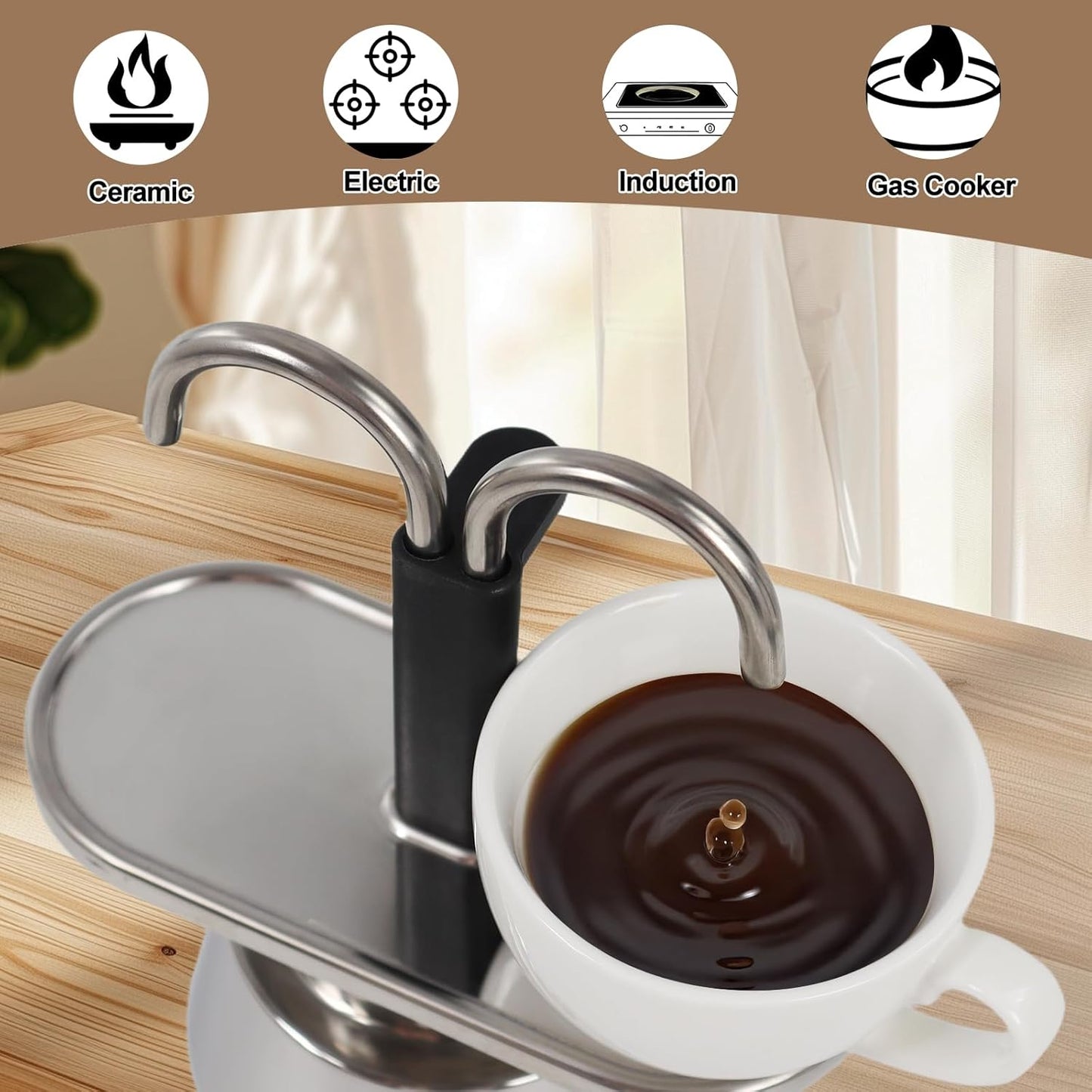 Uncoated 2 Cup Dual Pipe Moka Pot 304 Thickened Stainless Steel Mini Coffee Maker Stovetop Espresso Coffeemaker Italian Classic Style Brewing Greca Cafe Mocha Machine for Camping Travel Home 150ml