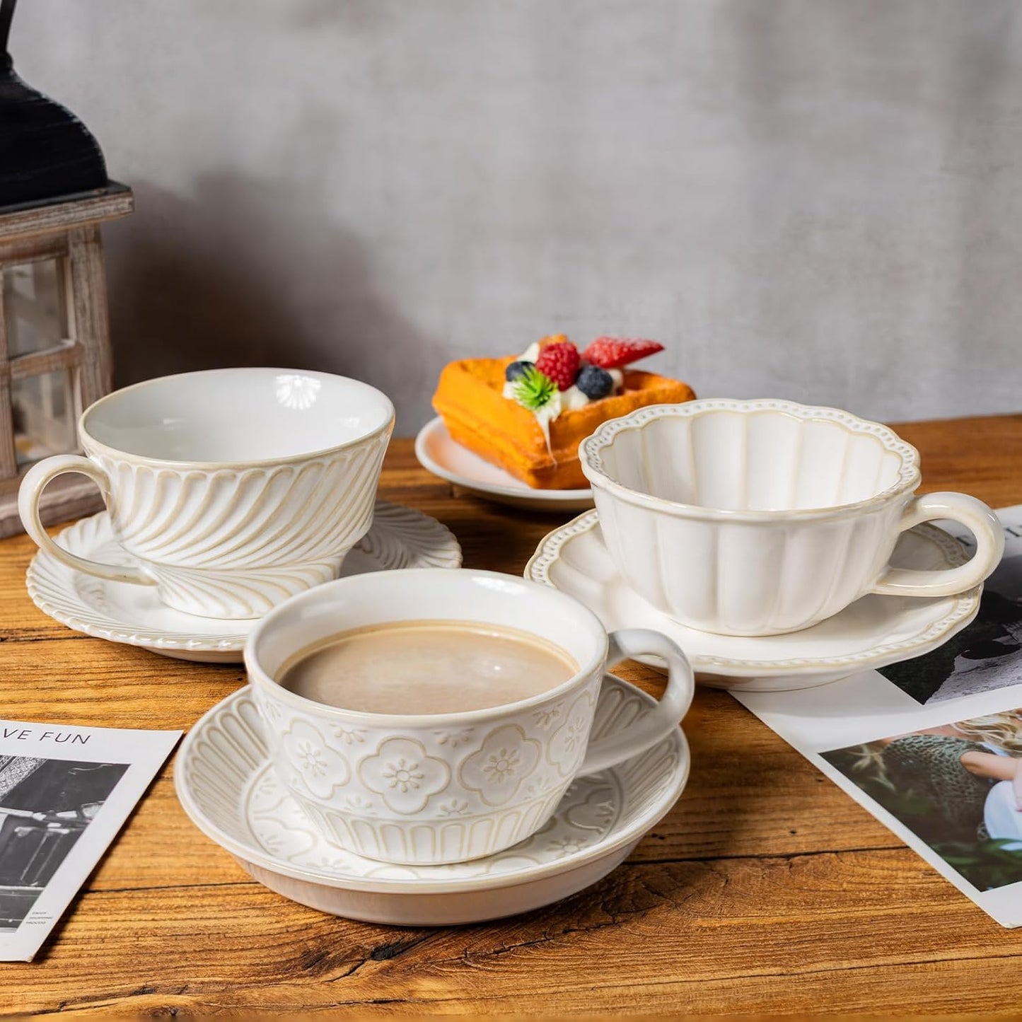 Latte Cup with Saucer, 12 OZ Cappuccino Cup Vintage Cafe Art Cups for Espresso Turkish Coffee, Farmhouse Latte Mugs Tea Cups and Saucers Porcelain Set for Baristas Great Gift