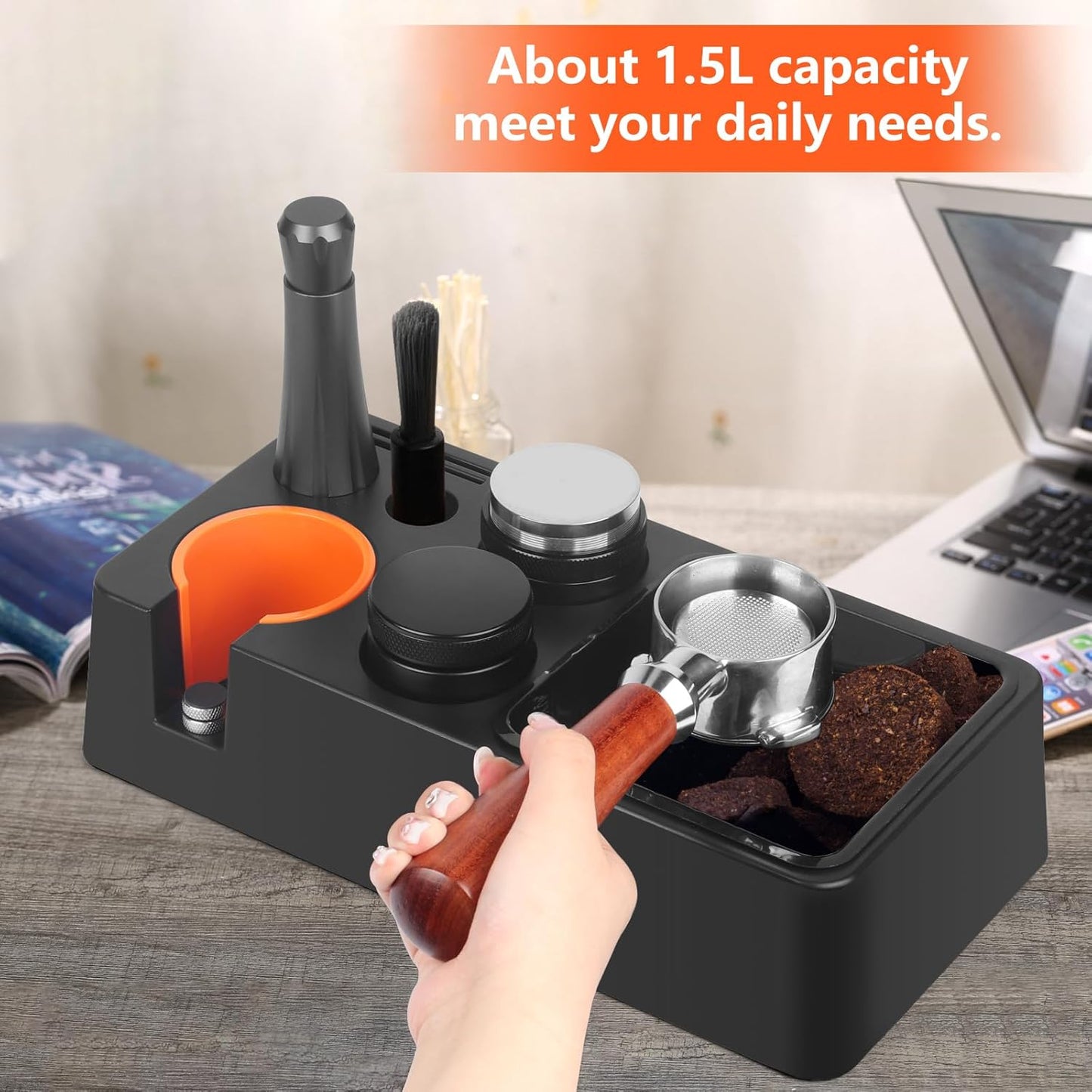 Espresso Knock Box with Storage – 3-in-1 Coffee Organizer & Espresso Tamping Station for 51mm, 53mm, 58mm Tamper – Non-Slip Base, Removable Knock Bin – Barista Accessories Holder for Espresso Machine