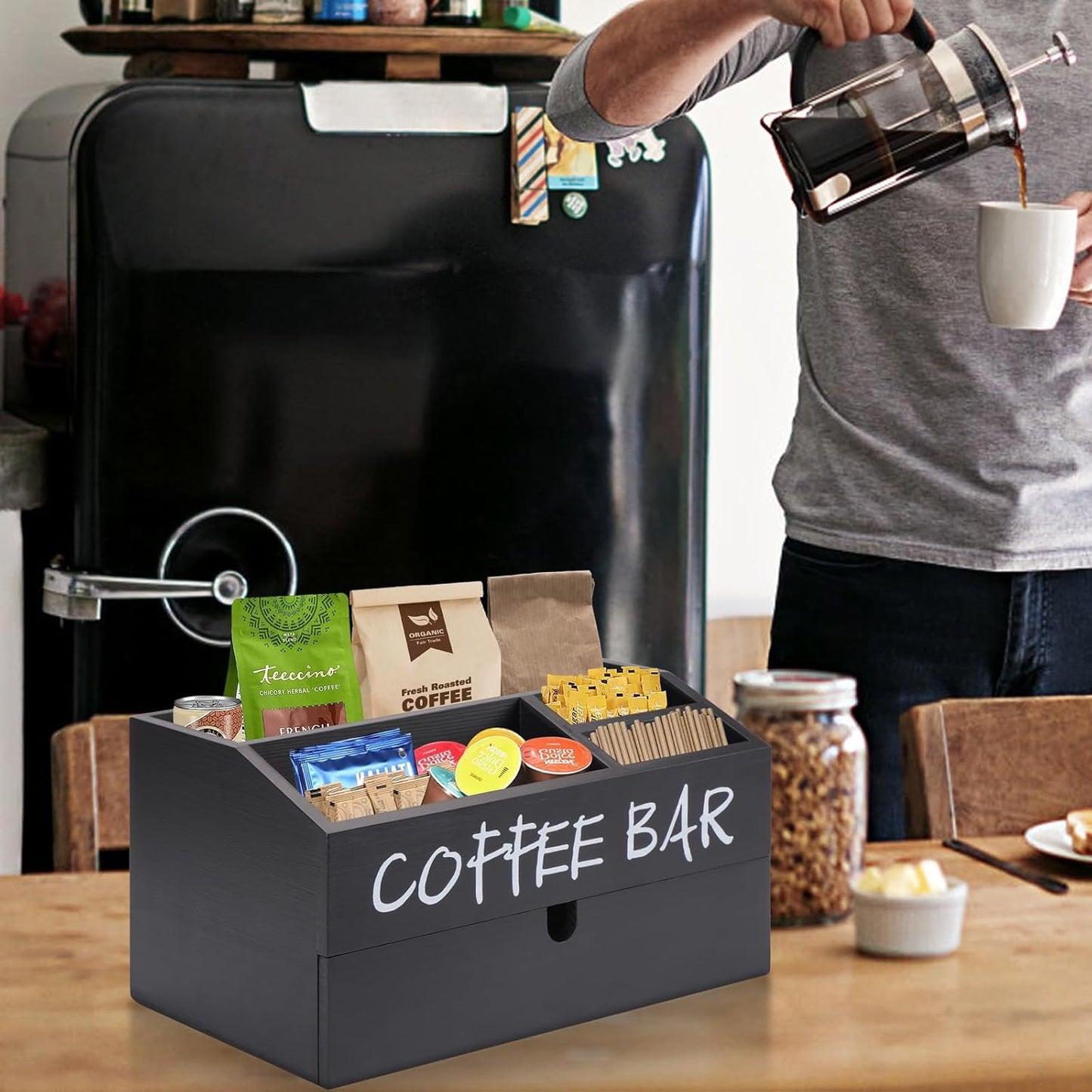 Coffee Station Organizer, Wood Coffee Bar Accessory with Drawer, K Cup Condiment Organizer & Pod Holder (30x20x16cm) - Black
