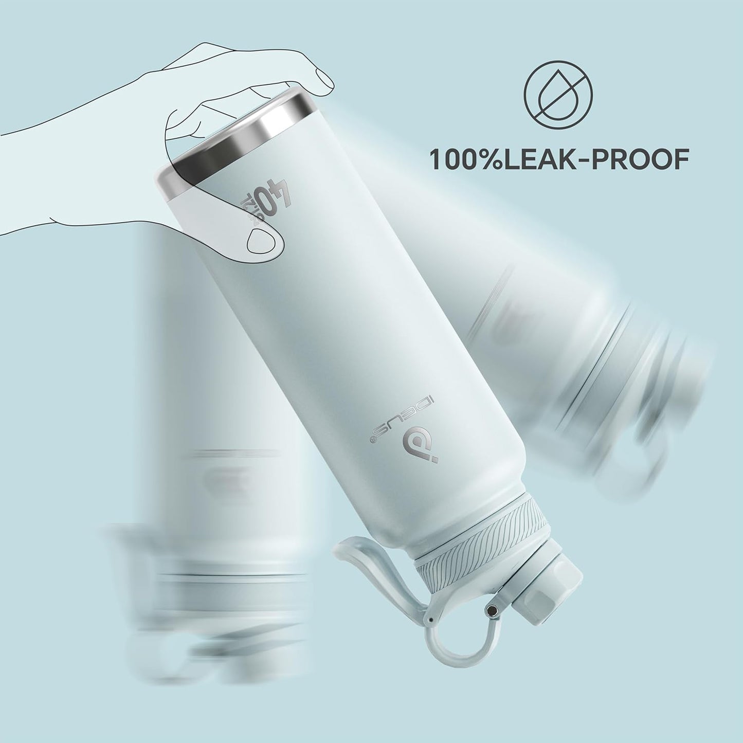 IDEUS Insulated Stainless Steel Water Bottle with 2 Leak-Proof Lids, Thermal Water Flask for Hiking Biking, 40oz, Light Blue