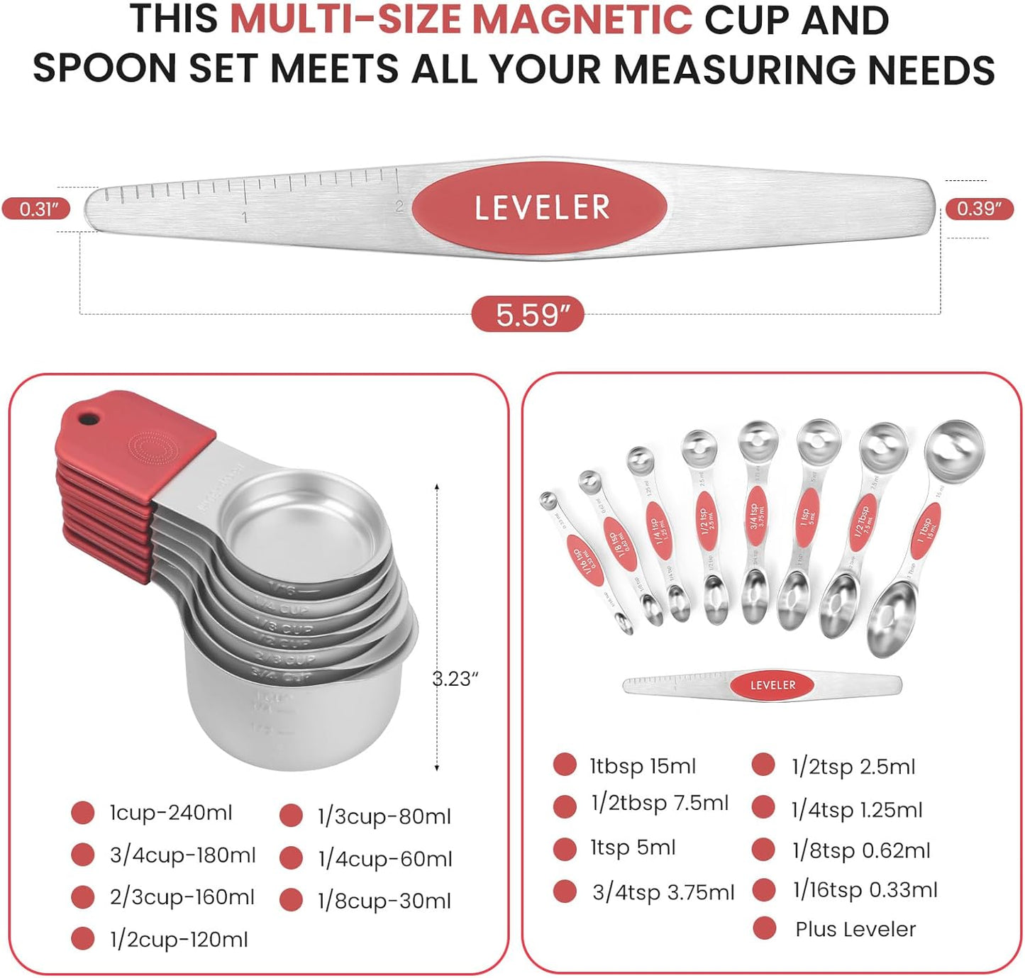 Magnetic Measuring Cups and Spoons Set-Heavy Duty 304 Stainless Steel,Double Measurement Markings,Set of 16 with Leveler for Measure Dry and Liquid Ingredients (Red)