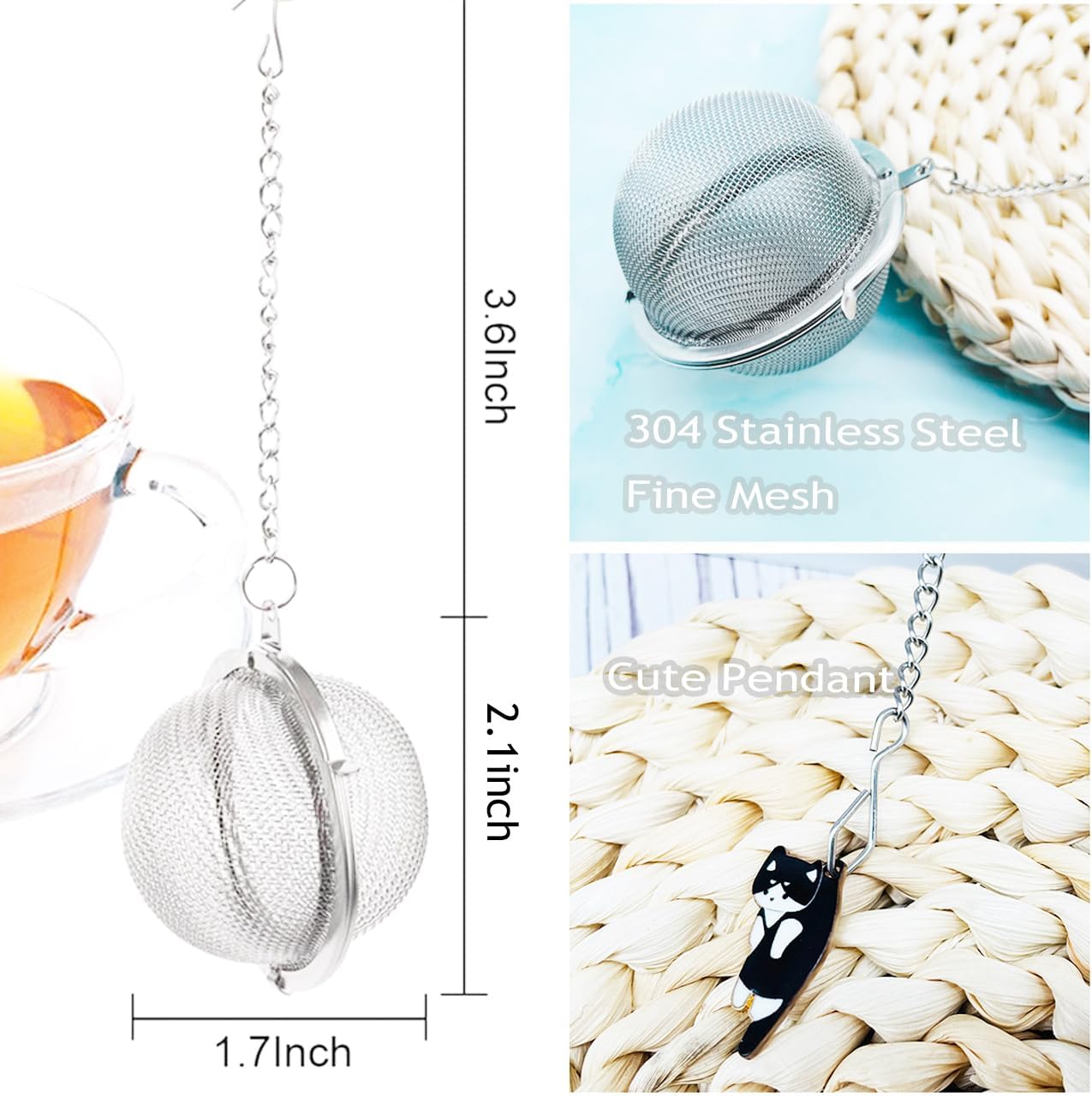 Cat Tea Infuser, 2 Pcs Cute Tea Diffuser Stainless Steel Mesh Loose Leaf Tea Infusers Tea Ball Strainers with Cat Pendants (Black&Orange Cats)