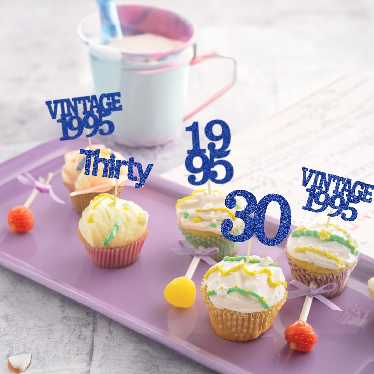 Gyufise 24Pcs Vintage 1995 Cupcake Toppers Cheers to 30 Fabulous Thirty Cupcake Picks Decorations for 30th Birthday Wedding Anniversary Party Supplies Deep Blue