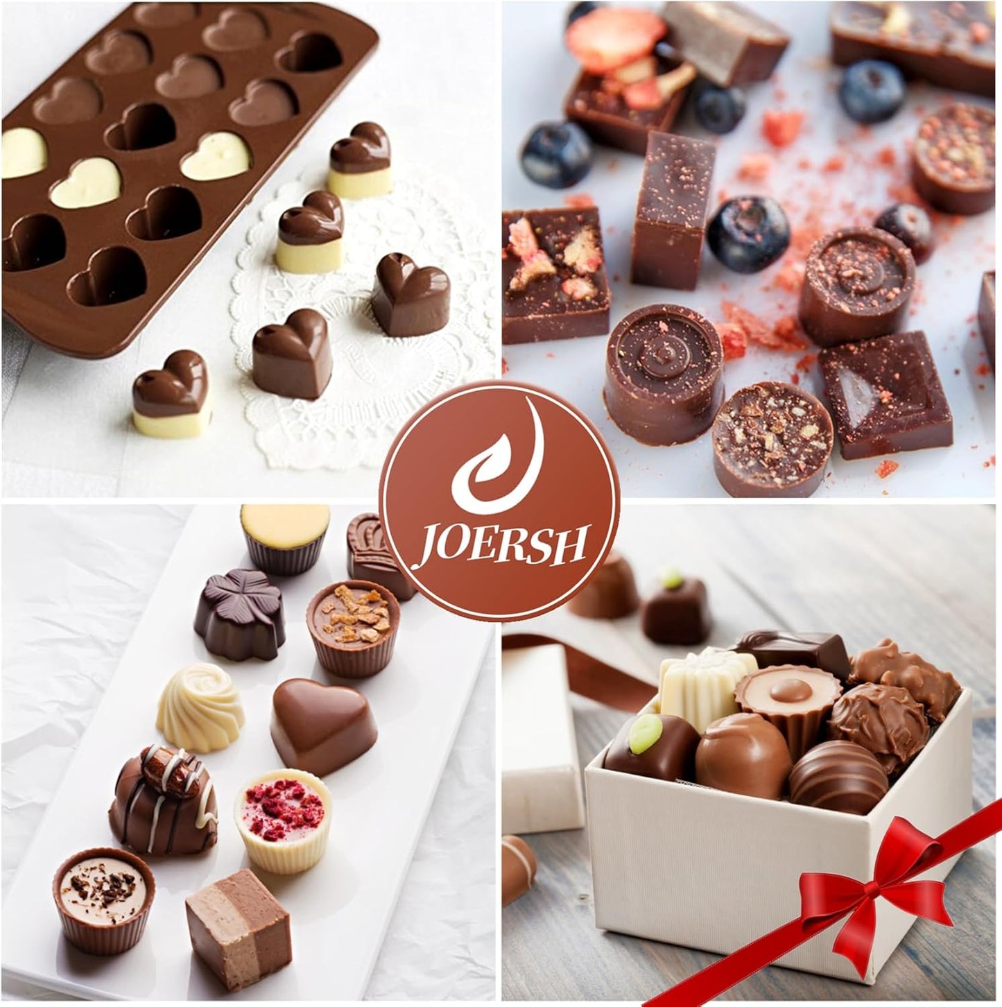 JOERSH 5PCS Silicone Chocolate Molds for Candy, Fat Bombs Snacks & Truffles, 9 Shapes 93 Cavities Candle Soap Wax Melts Mold (Square, Round, Heart, Star, Flower Shapes)