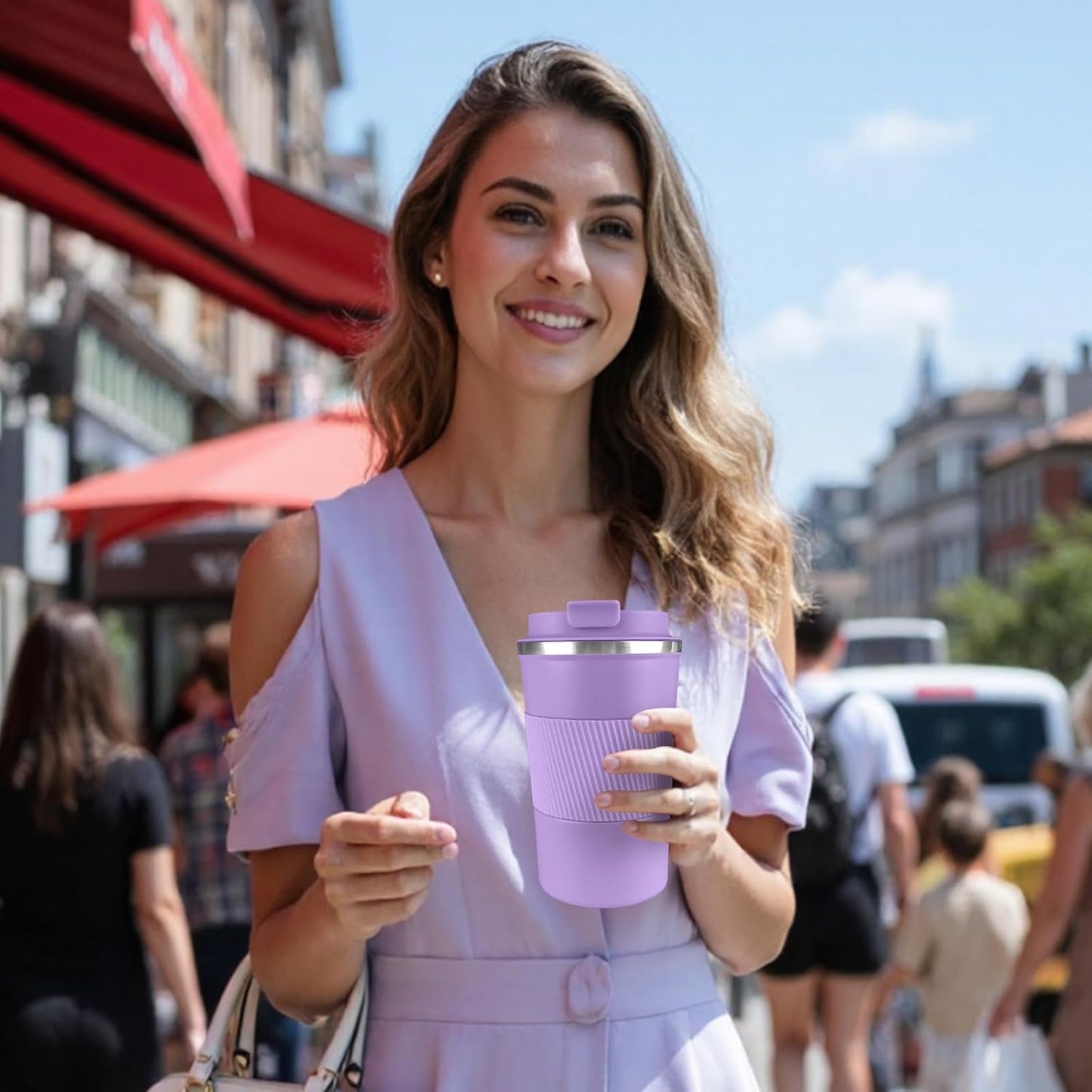 YINBAOGE Insulated Travel Coffee Mug Spill Proof Leak Proof Pobtable To Go Camping Stainless Steel Coffee Tumbler Reusable Coffee Cups with Lids Thermos for Hot and Cold Drink (Purple, 17 OZ)