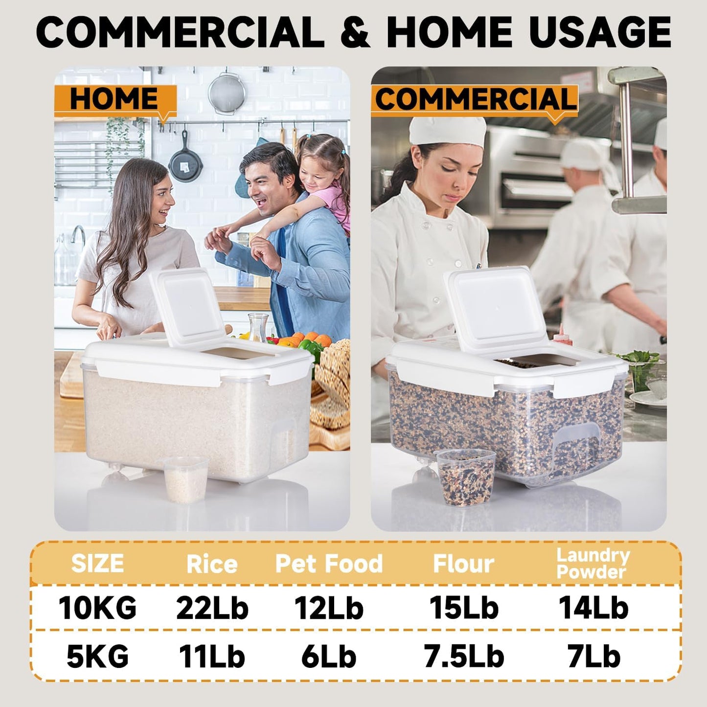 Rice Storage Container 20 lbs - 15 lbs Airtight Flour Dispenser with Lids & wheel, BPA Free, kitchen organizers for Pet/Cat/Dog Food Storage Container (10 lbs), White