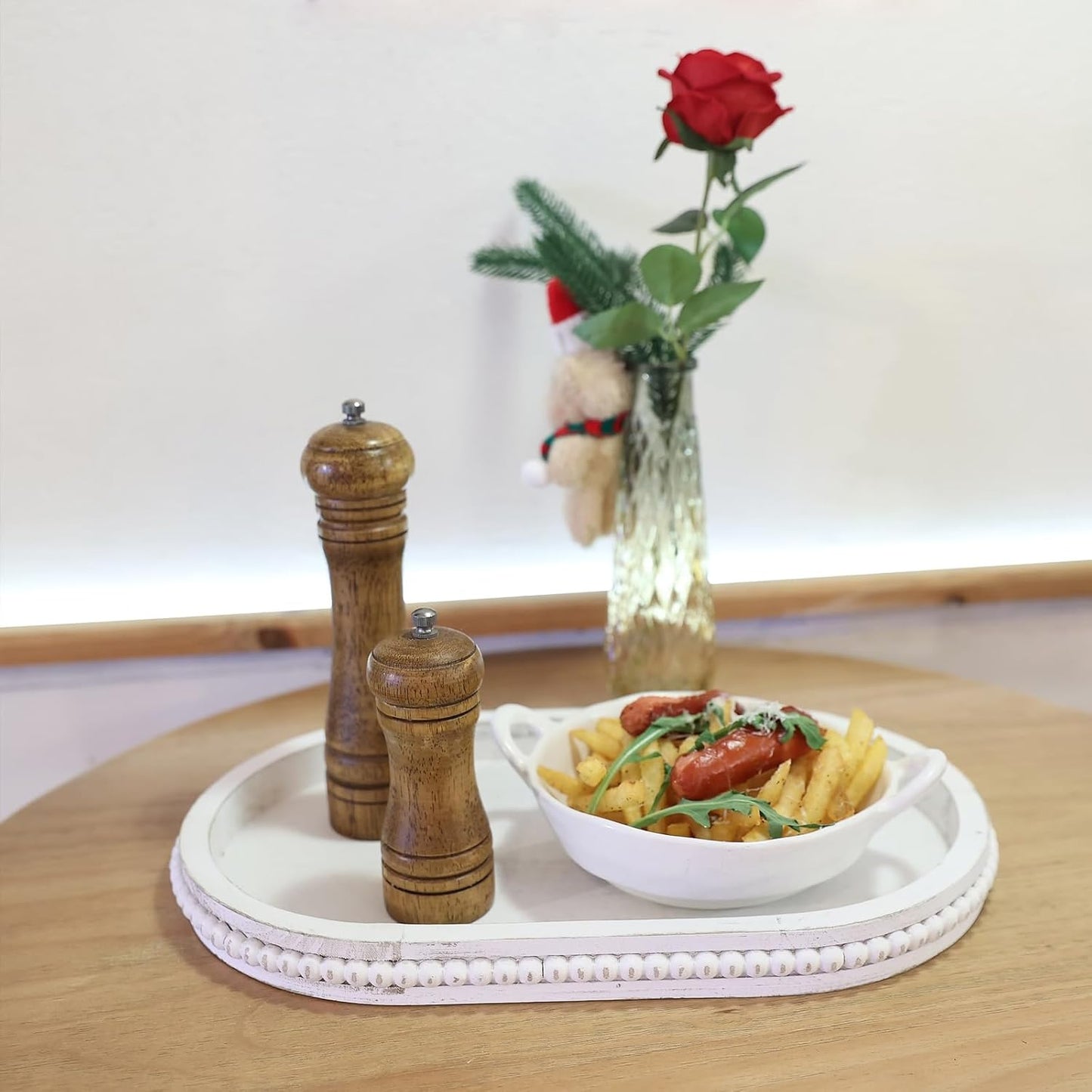 Oval Wood Serving Tray with Wooden Beads, Outdoor Farmhouse Decorative Tray for Ottoman, Coffee Table, Kitchen Counter Organizer, Home Decor(Whitewashed)