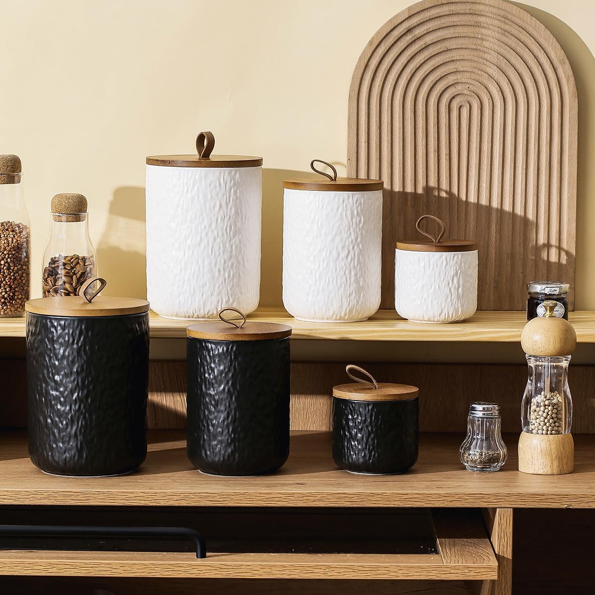 Black White Ceramic Coffee Canister Tea Canister with Seal Wood Lid, Airtight Coffee Storage Container for Coffee Bean, Ground Coffee, Sugar, Cookie Candy jar (Black, 1300ml)