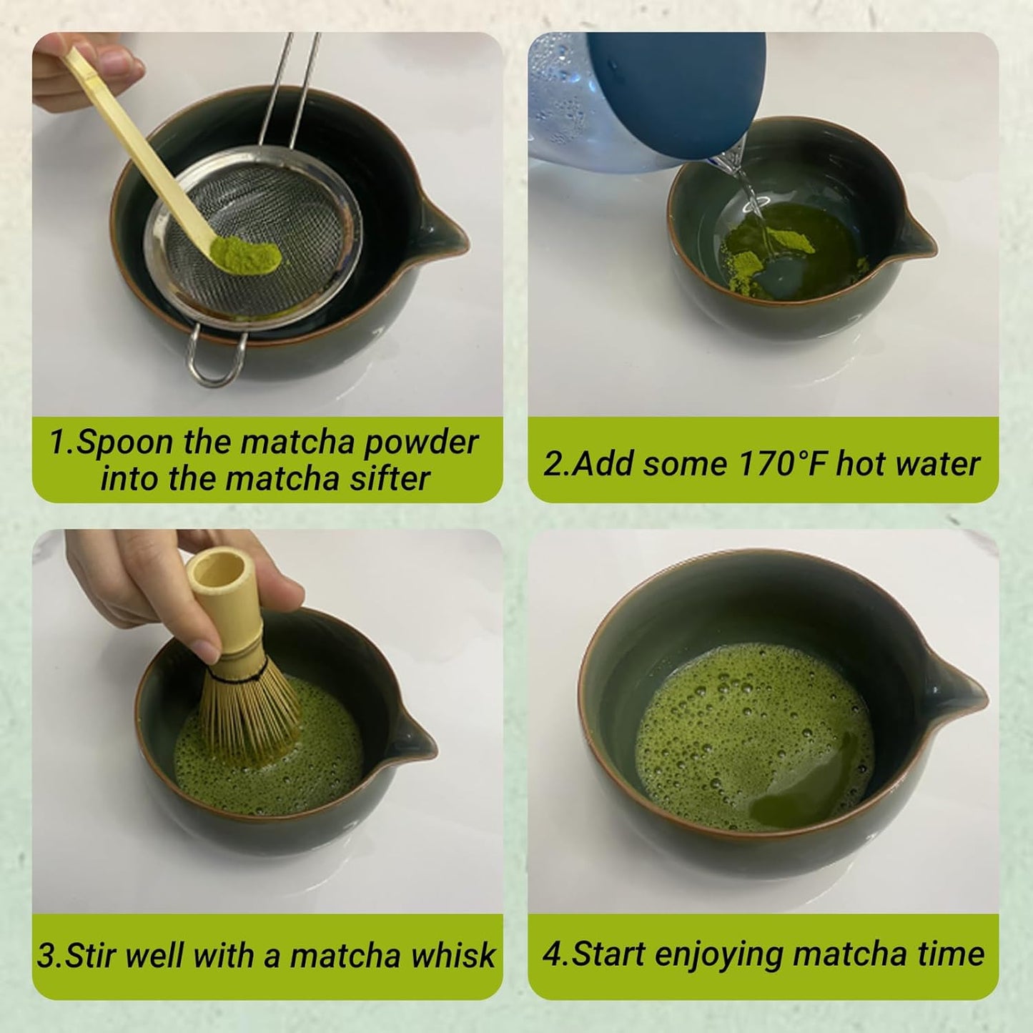 Matcha Whisk Set – 5 Pcs Matcha Set Whisk and Bowl with Spout, Bamboo Scoop, Sifter & Holder – Ru Kiln Matcha Bowl Japanese Tea Kit for Gifts, Home Use & Ceremonial Rituals (green)