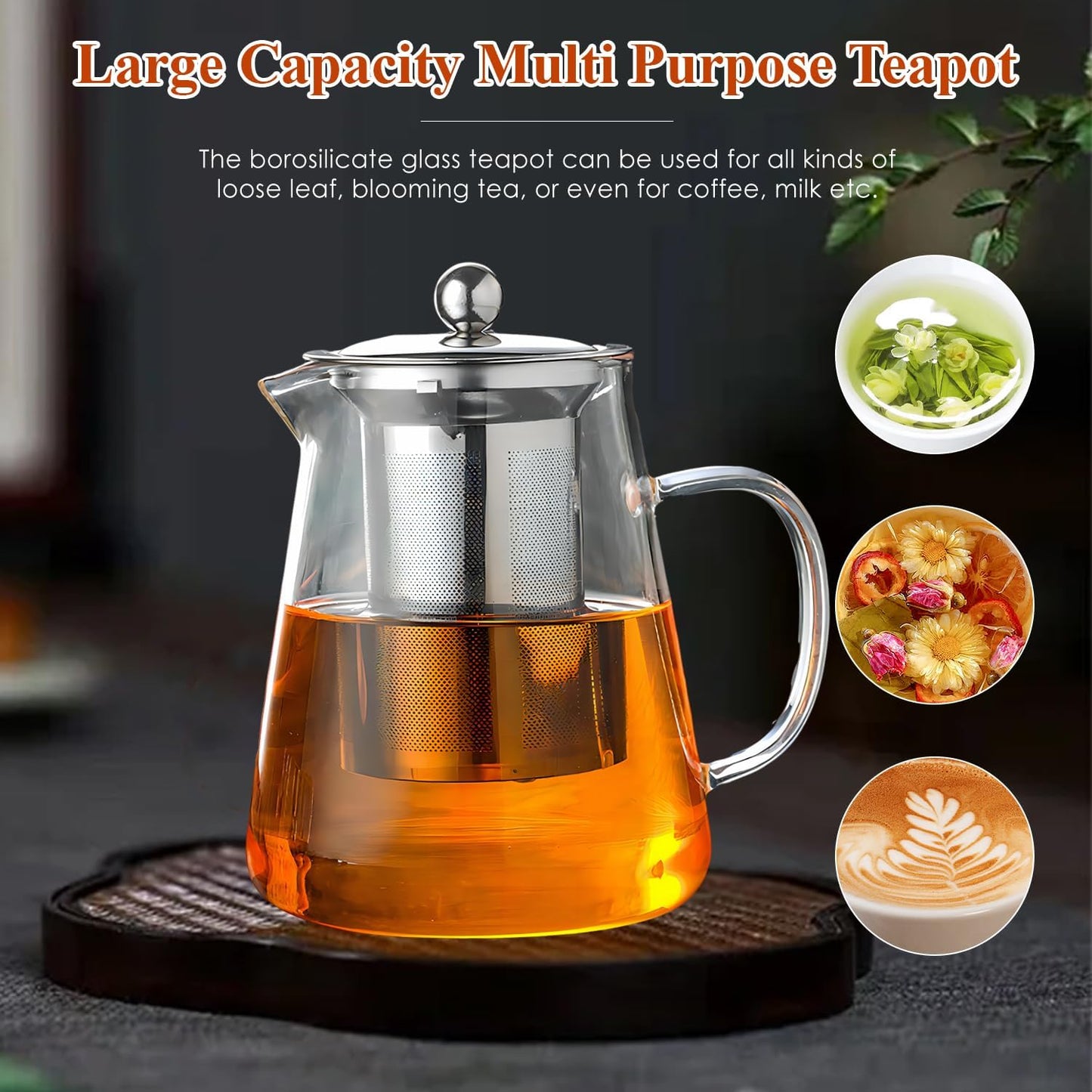 1300ml(44oz) Glass Teapot with Removable Infuser - Stovetop Safe High Borosilicate Clear Teapot for Loose Leaf Tea, Blooming Tea, Home & Office Use