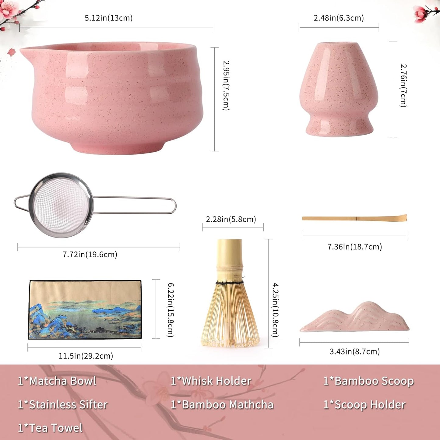 Japanese Matcha Whisk Set - 7-Piece Kit Bamboo Chasen, Ceramic Bowl with Spout, Stainless Steel Sifter & Holder Pink