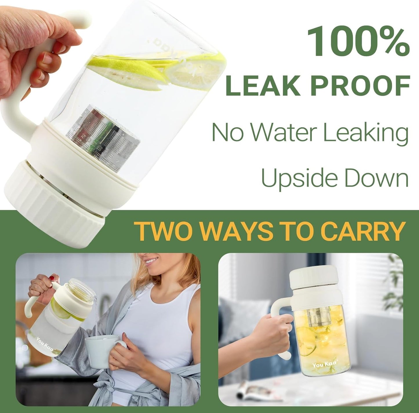 32oz Glass Water Bottle, Tea Bottle with Infuser & Handle, BPA-Free Leakproof Wide Mouth Large Tea Infuser Bottle for Hot or Cold Drinks, Loose Tea, Fruit (Black)