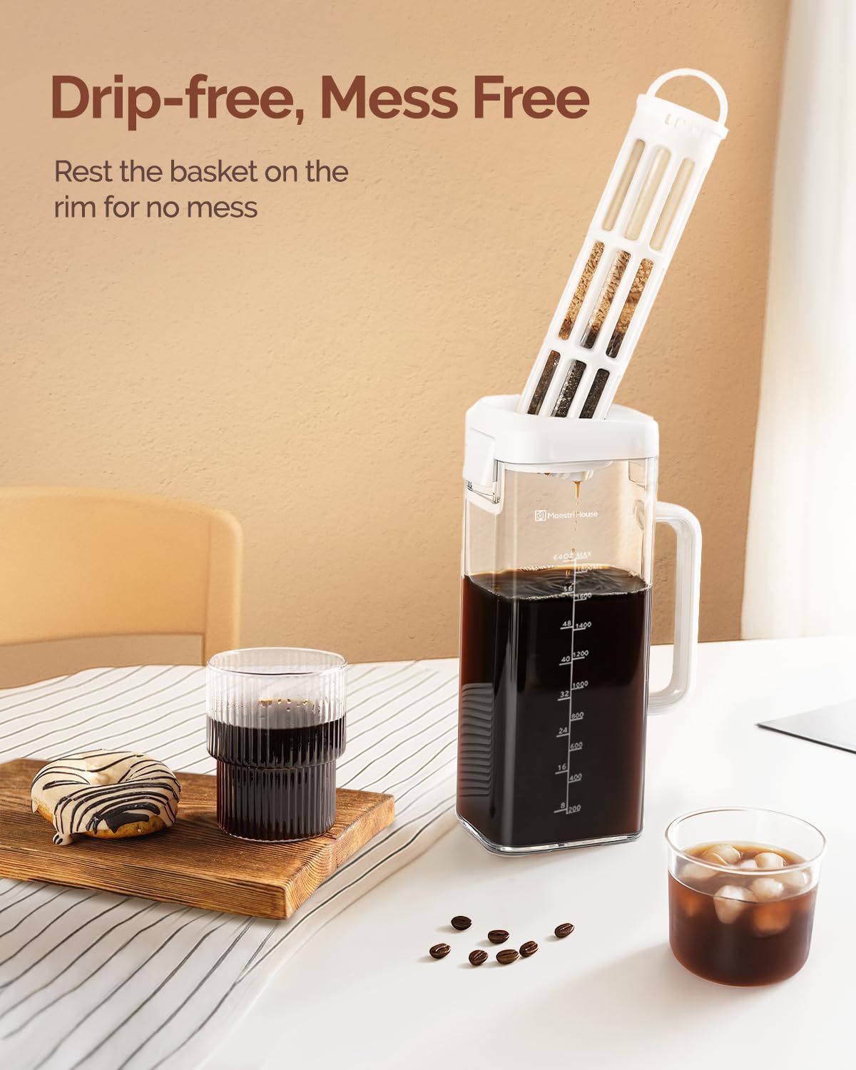 Maestri House Compact Cold Brew Coffee Maker, 64oz Iced Tea and Coffee Maker Brewer Space Saving Tritan Pitcher, 350 Mesh Filter, 100% Leak-Proof