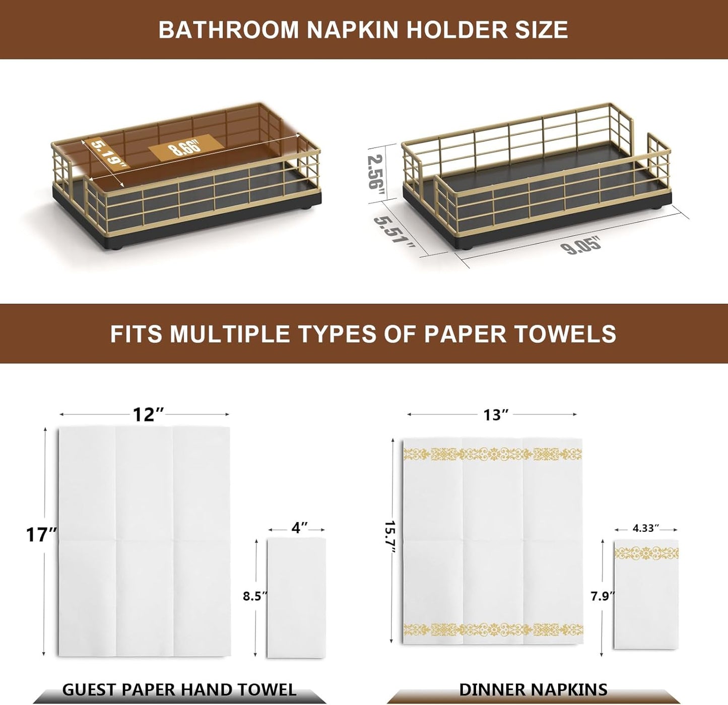 Wican Guest Towel Holder Tray for Bathroom, Oak and Iron Napkins Holder for Powder Room Dinning Table Wooden Basket for Disposable Paper Hand Towels Gold and Black