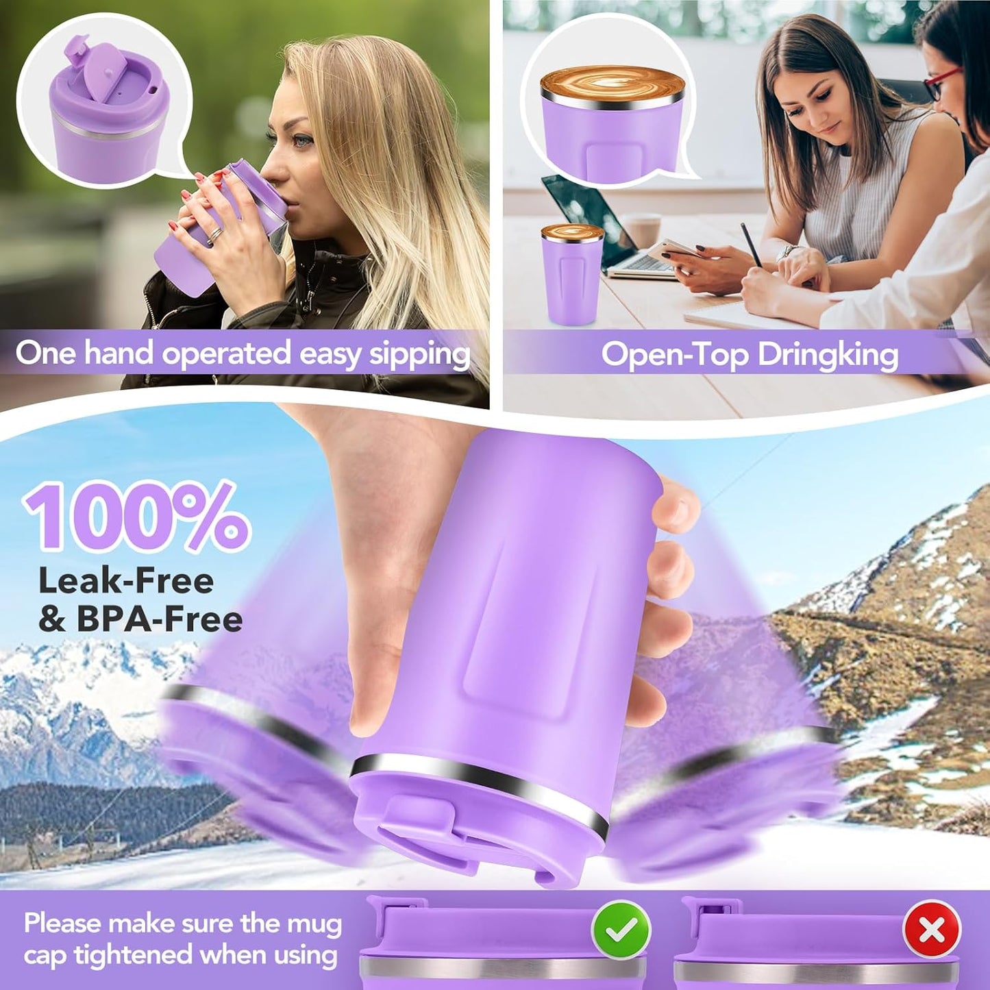 Volhoply 12 oz Double Wall Insulated Vacuum Travel Coffee Mug with Flip Lid Bulk 8 Pack,Reusable Stainless Steel Leak Proof Coffee Cup,Portable Cafe Thermal Tumblers for Hot&Cold Drinks(Purple,8 Set)