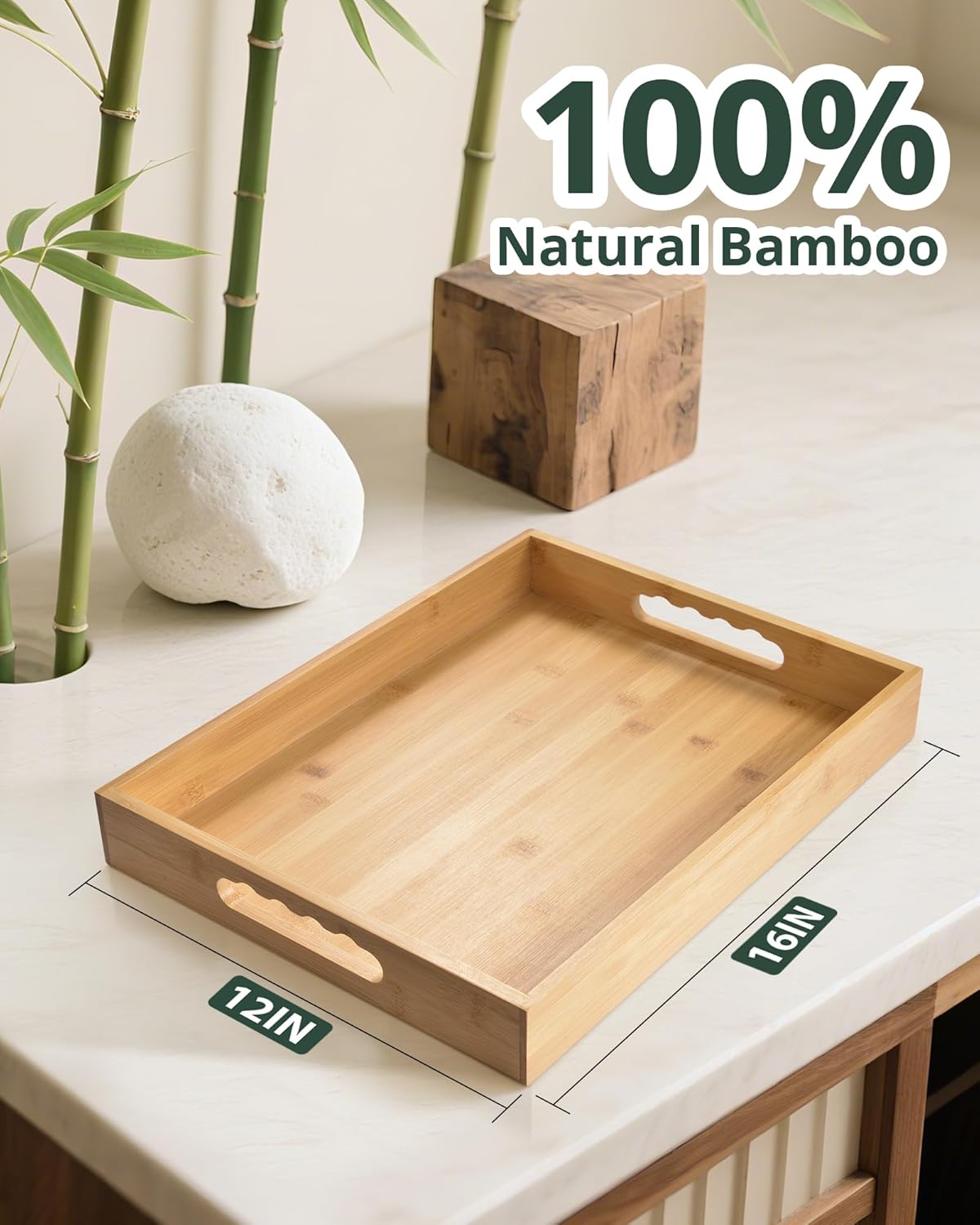 Bamboo Serving Tray, Breakfast in Bed Tray with Removable Silicone Mat, for Pantry Living Room Bathroom Tea Bar