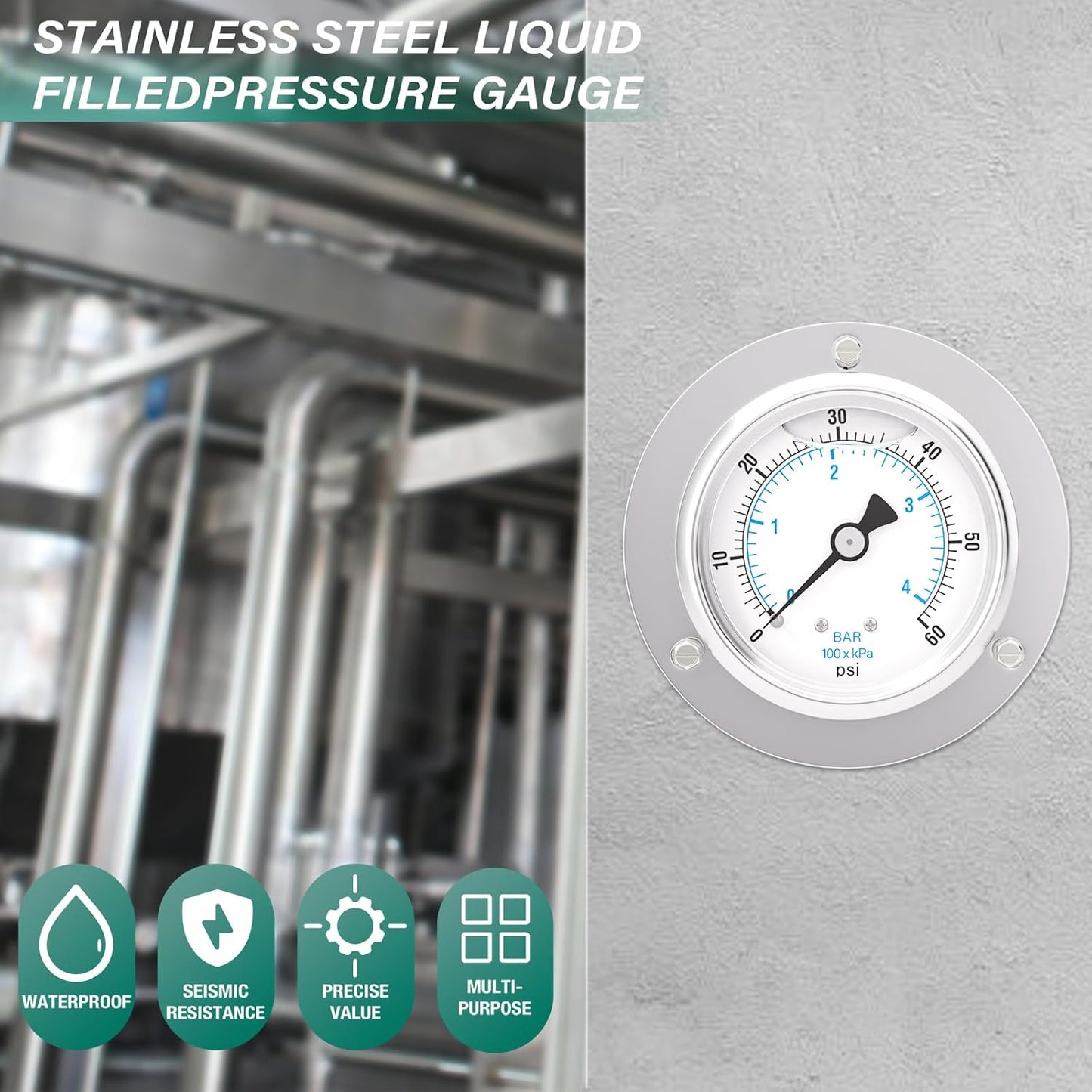 0-60PSI Panel Mount Front Flanged Glycerin Filled Pressure Gauge, 2.5" Dial Size, 1/4" MNPT Back Mount, Stainless Steel Case, with Phillips Screw and Nut, for Water, Gas, Liquid Pressure