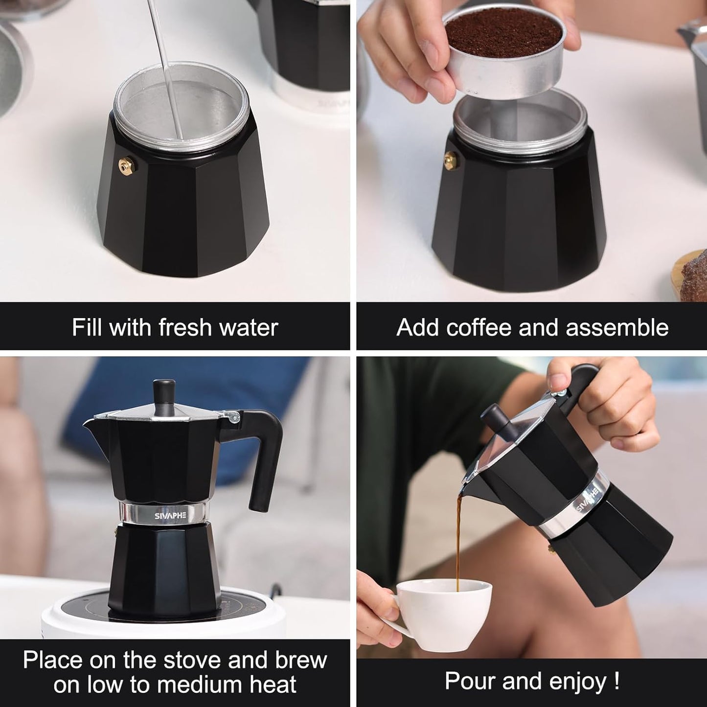 Sivaphe Aluminum Moka Pot 3 Espresso Cups, Percolator Espresso and Coffee Maker, Portable Stovetop Italian and Cuban Café Brewer for Home and Camping Black