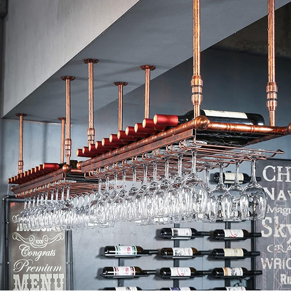 Rustic Wine Rack Wall Mounted with Glass Holder, Adjustable Hanging Bar Wine Glass Rack Ceiling, 47.2in Bottle Holder Wine Shelf Shelves, Perfect for Bar Kitche