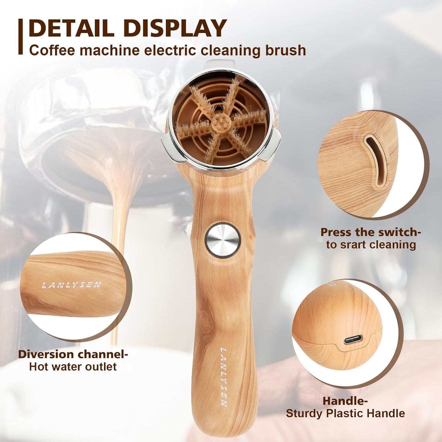 Espresso Coffee Machine Cleaning Brush Wood grain color espresso machine electric cleaning brush 360° Totally enclosed cleaning for 3 EARS 51MM Delonghi Dedica Style Series EC680 and EC685 SMEG ECF01