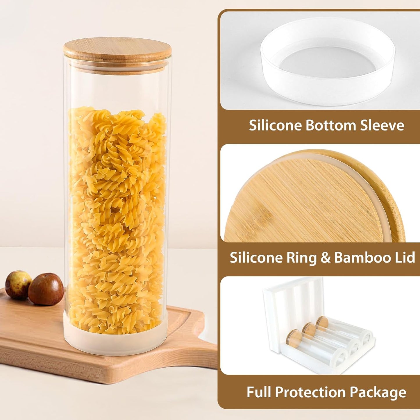 73oz Round Glass Storage Containers with Bamboo Lids – 3 Pack Large Airtight Clear Food Jars for Pantry Organization, Kitchen Dry Food, Flour, Pasta, Coffee Beans, Staples & Snacks