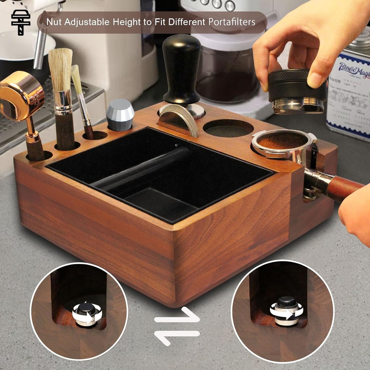 Espresso tamping station knock box,tamper station,Espresso station fit for storage 51-58mm tamper,distributor,portafilter,puck screen accessories,9 in 1 espresso knock box and tamper station