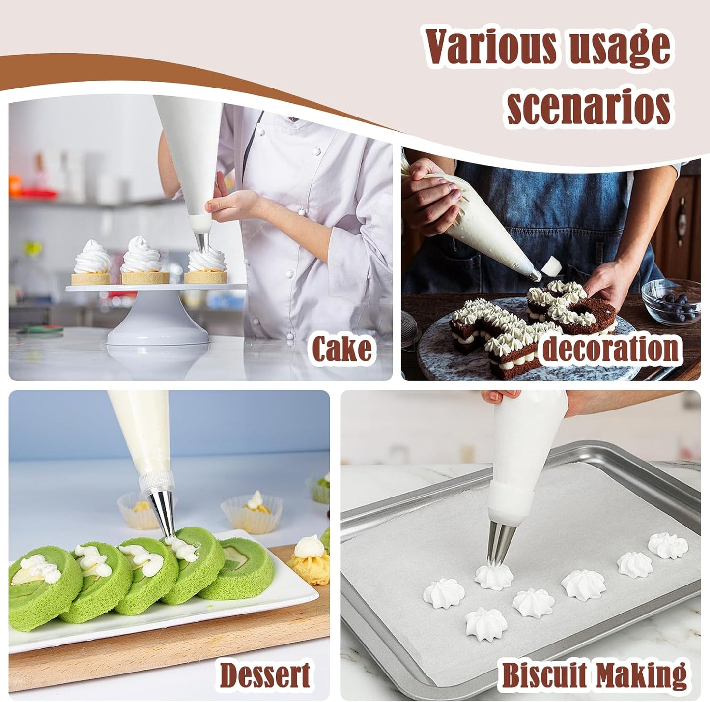 14-Piece Reusable Piping Bags and Tips Set- Cotton Baking Kit with Coupler, Stainless Steel Nozzles,Silicone Cable Ties& Cleaner for Cakes/Cupcakes/Cookies Decorating