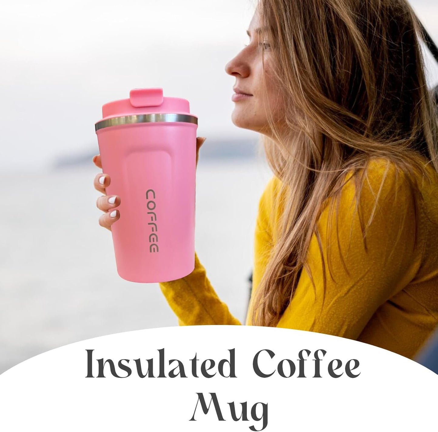 YINBAOGE Insulated Travel Coffee Mug Spill Proof Leak Proof Pobtable To Go Camping Stainless Steel Coffee Tumbler Reusable Coffee Cups with Lids Thermos for Hot and Cold Drink (2nd-Pink, 17 OZ)