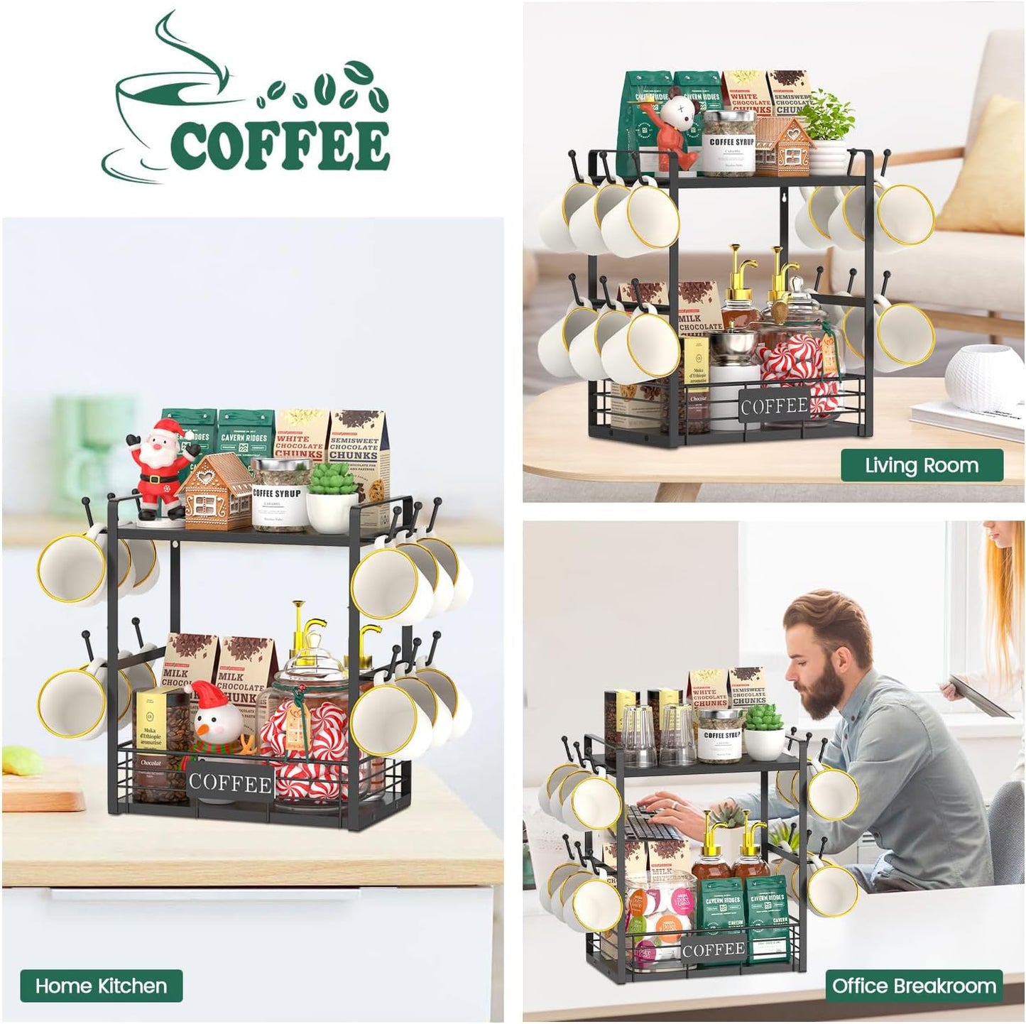 EsLuker.ly Coffee Mug Cup Holder Stand Bar Station Organizer for Countertop, Multi-Functional 2 Tier Mug Tree Rack for Kitchen, Storage Shelf with 12 Hooks, Black(Patented Design)