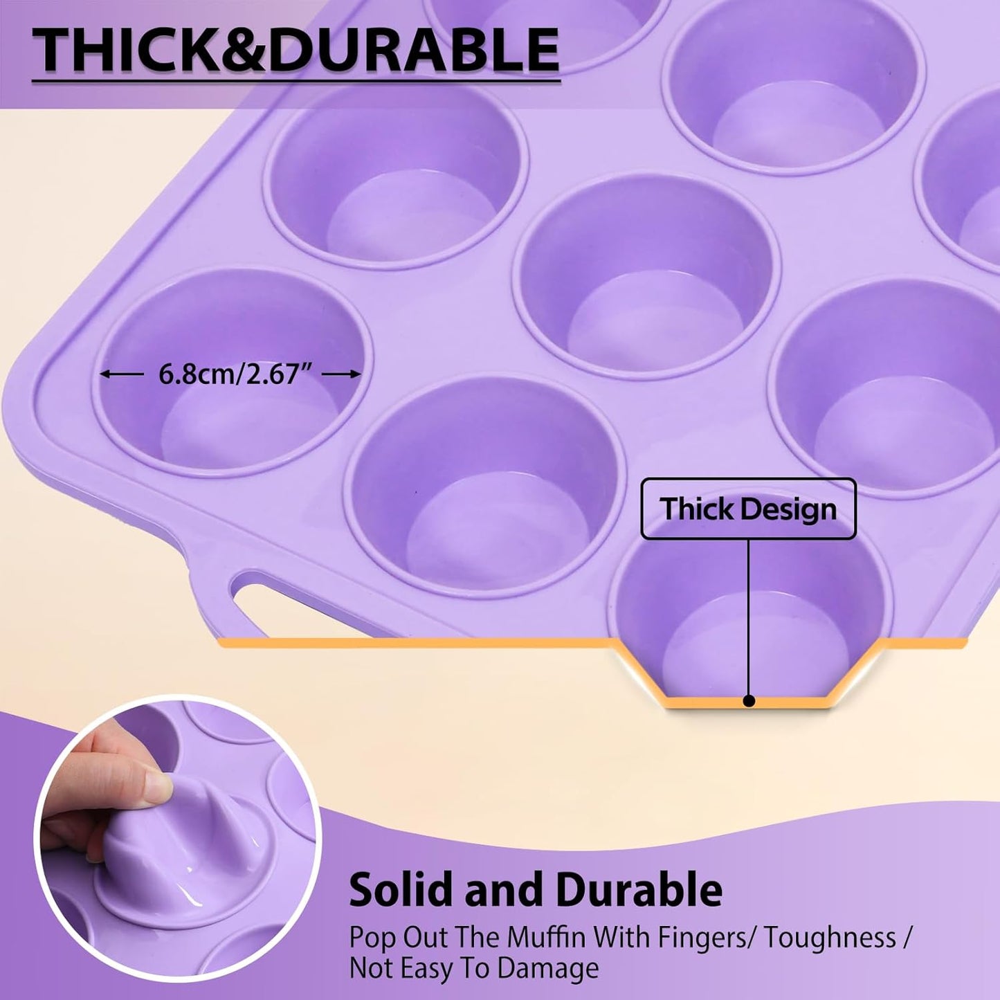 2 Pack Silicone Muffin Pan 12 and 24 Cup with Metal Frame, Non Stick Silicone Mini Cupcake Pan with Handles, BPA Free Silicon Regular Muffin Tin Tray Small for baking, egg bites, Mold Purple