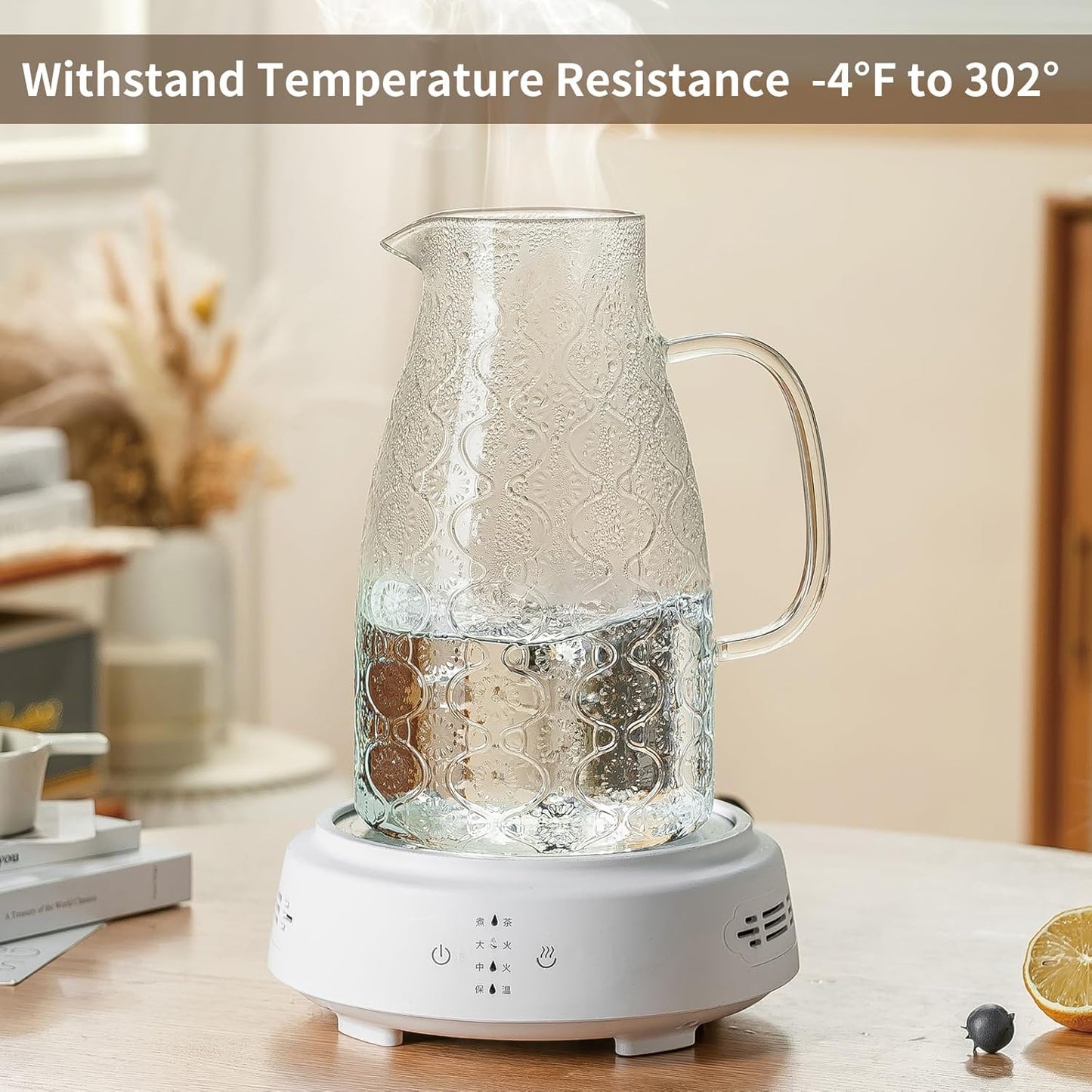 Glass Pitcher with Lid and Handle, 2 PACK 68 oz/2 Liter Vintage Flower Design Fridge Water Pitcher, Borosilicate Glass Water Carafe for Hot/Cold Water,Coffee,Iced Sun Tea,Heat Resistant