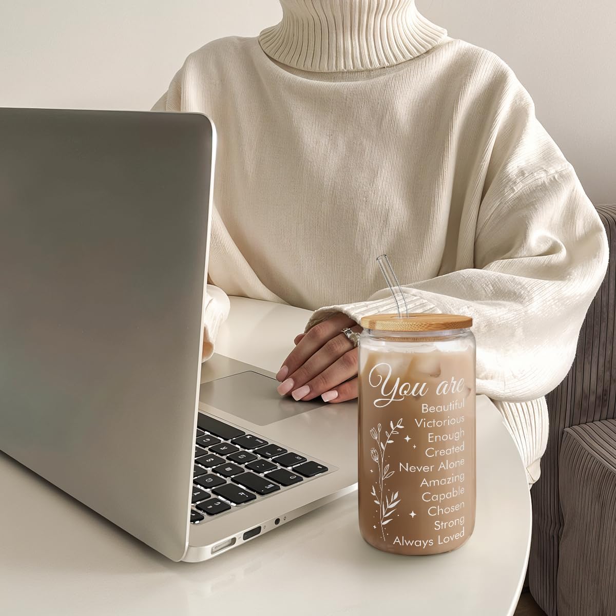 SANDJEST Inspiration Glass Can, Positive Motivational Cup with Lid & Straw, Iced Coffee Aesthetic Cups, Idea Gift for Christmas Birthday Mother Day, Gifts for Women, 16oz