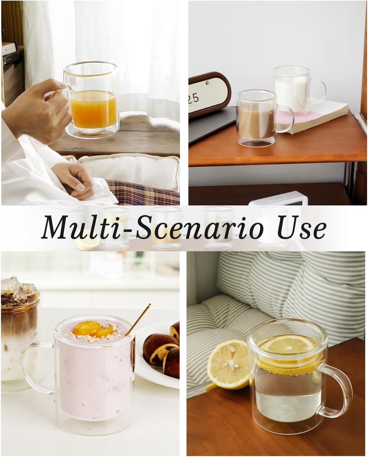 LIBWYS 12oz Double Wall Coffee Mugs (2 Pack) - Insulated Borosilicate Glass Cups with Handle for Espresso, Cappuccino, Latte - Heat Resistant, Dishwasher Safe Hot/Cold Beverage Glasses 350ml