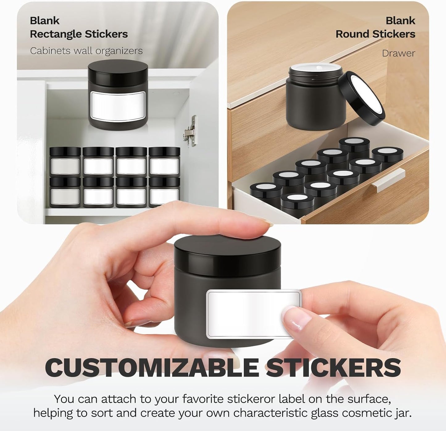 2 oz Glass Jars with Lids, Bumobum 48 pack Black Cream Jars with Black Lids, Black and White Labels & Inner Liners, Empty Cosmetic Containers for Cream, Lotion, Ointment