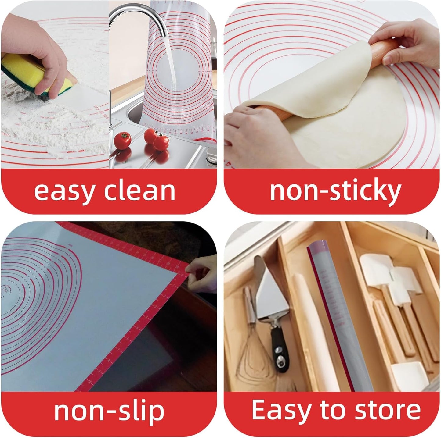 Large Silicone Pastry Mat for Rolling Dough Non Slip Non Stick Silicone Mats for Kitchen Counter 28x20"Red