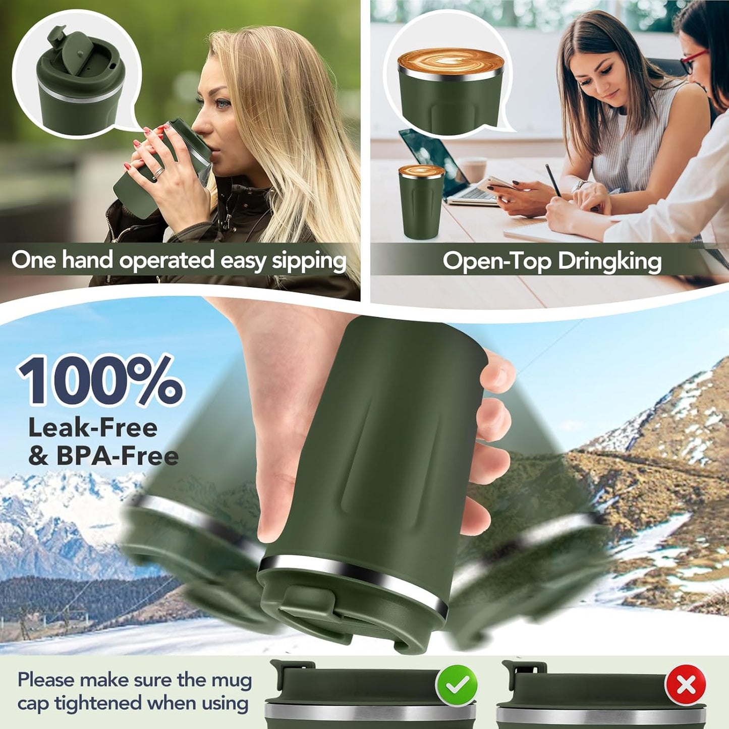 Volhoply 12 oz Double Wall Insulated Vacuum Travel Coffee Mug with Flip Lid Bulk 4 Pack,Reusable Stainless Steel Leak Proof Coffee Cups,Portable Thermal Tumbler for Hot & Cold Drinks(Army Green,4 Set)