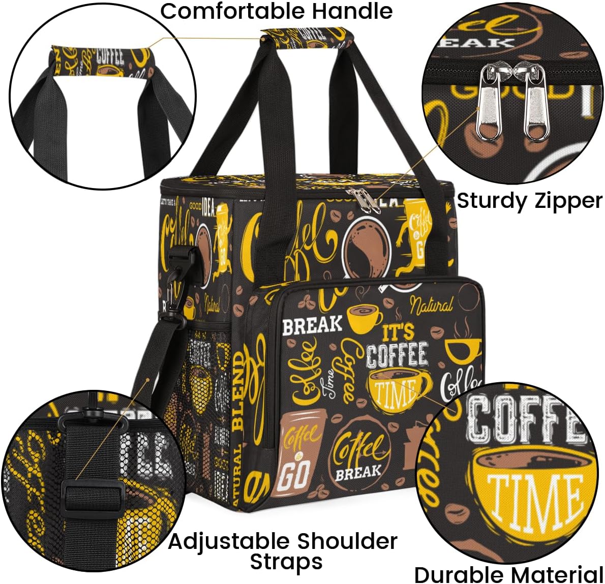 Yellow Coffee Break Cafe Maker Carring Bag Travel Carrying Storage Tote Compatible with Keurig K-Mini or Plus Portable Single Serve Brewer Case Pockets for K-cup Pods