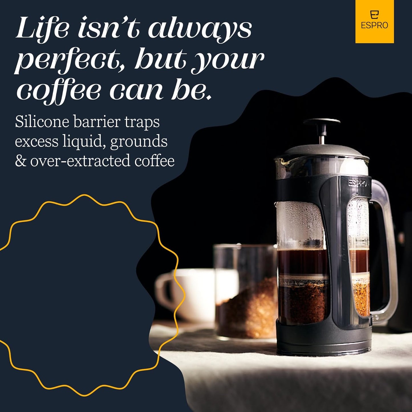 ESPRO - P3 French Press Coffee Maker – Patented Double Microfilter for Sludge and Grit Free Coffee, Black, 32 oz