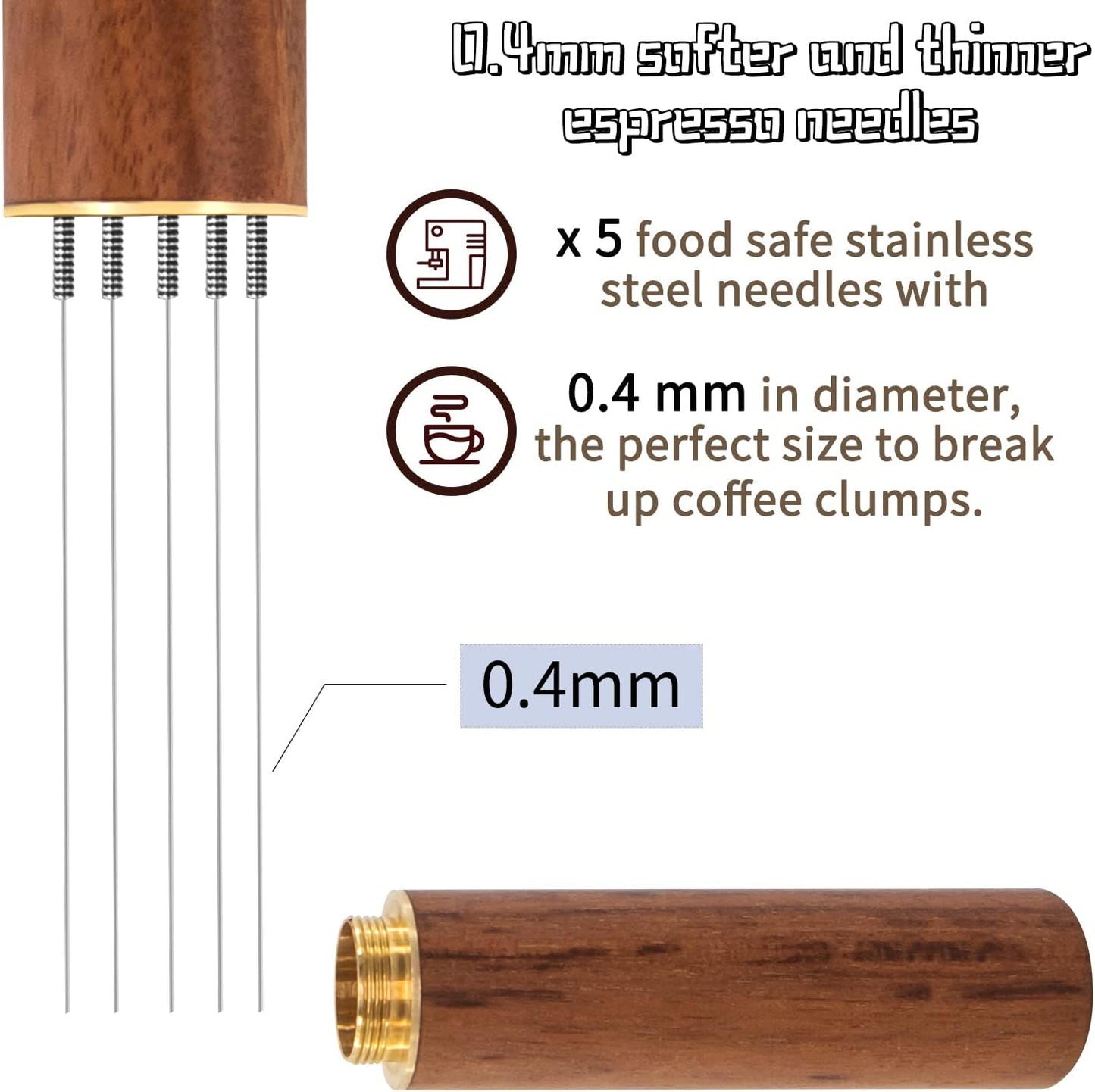 Espresso Coffee Stirrer, Espresso Distribution Tool Coffee Stirring Tool,Professional Barista Hand Needle Type Distribution Tool 5 Needles 0.4mm Natural Wood Handle and Stand